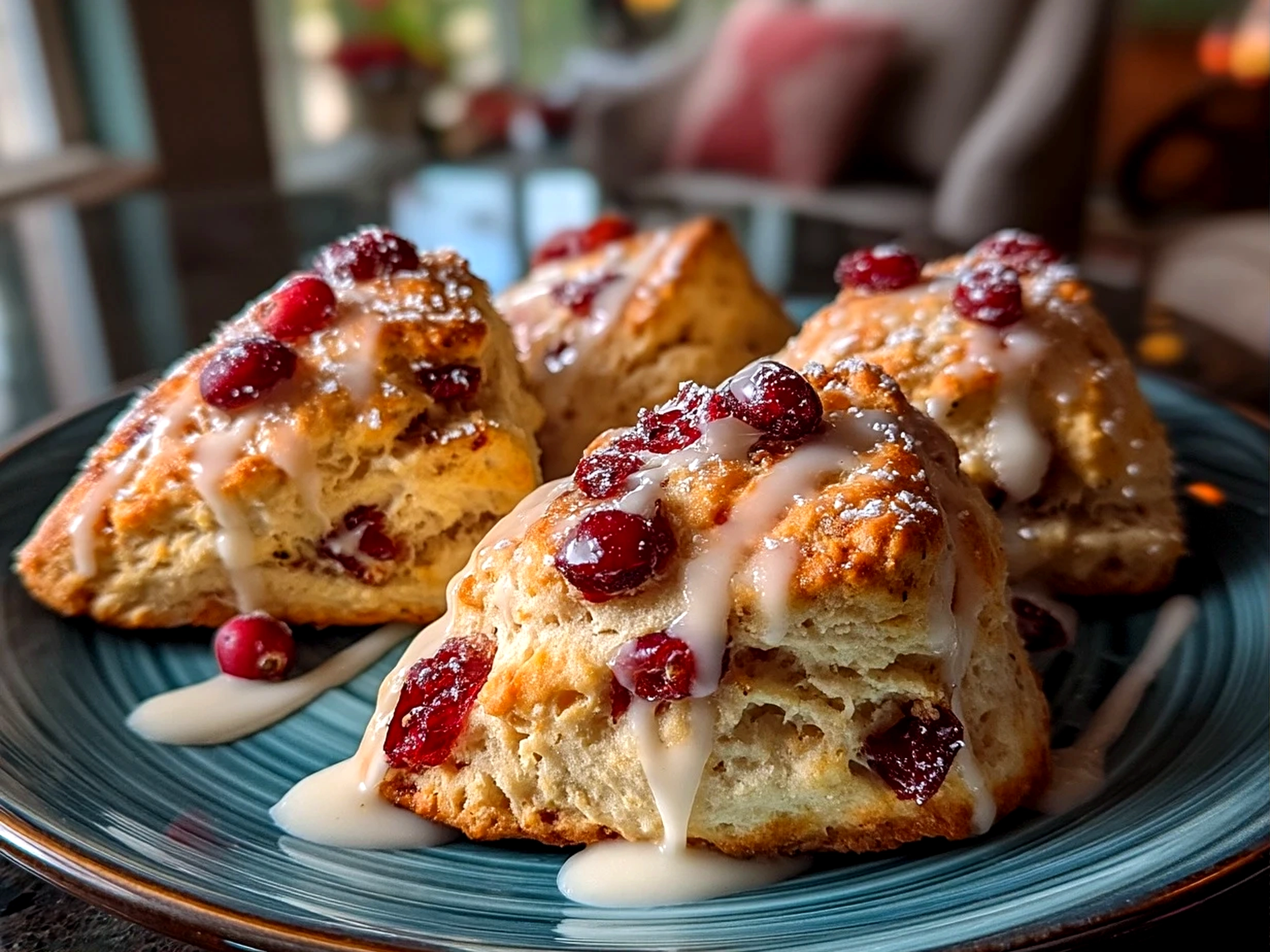Close up of freshly baked comforting cranberry orange scones on a plate