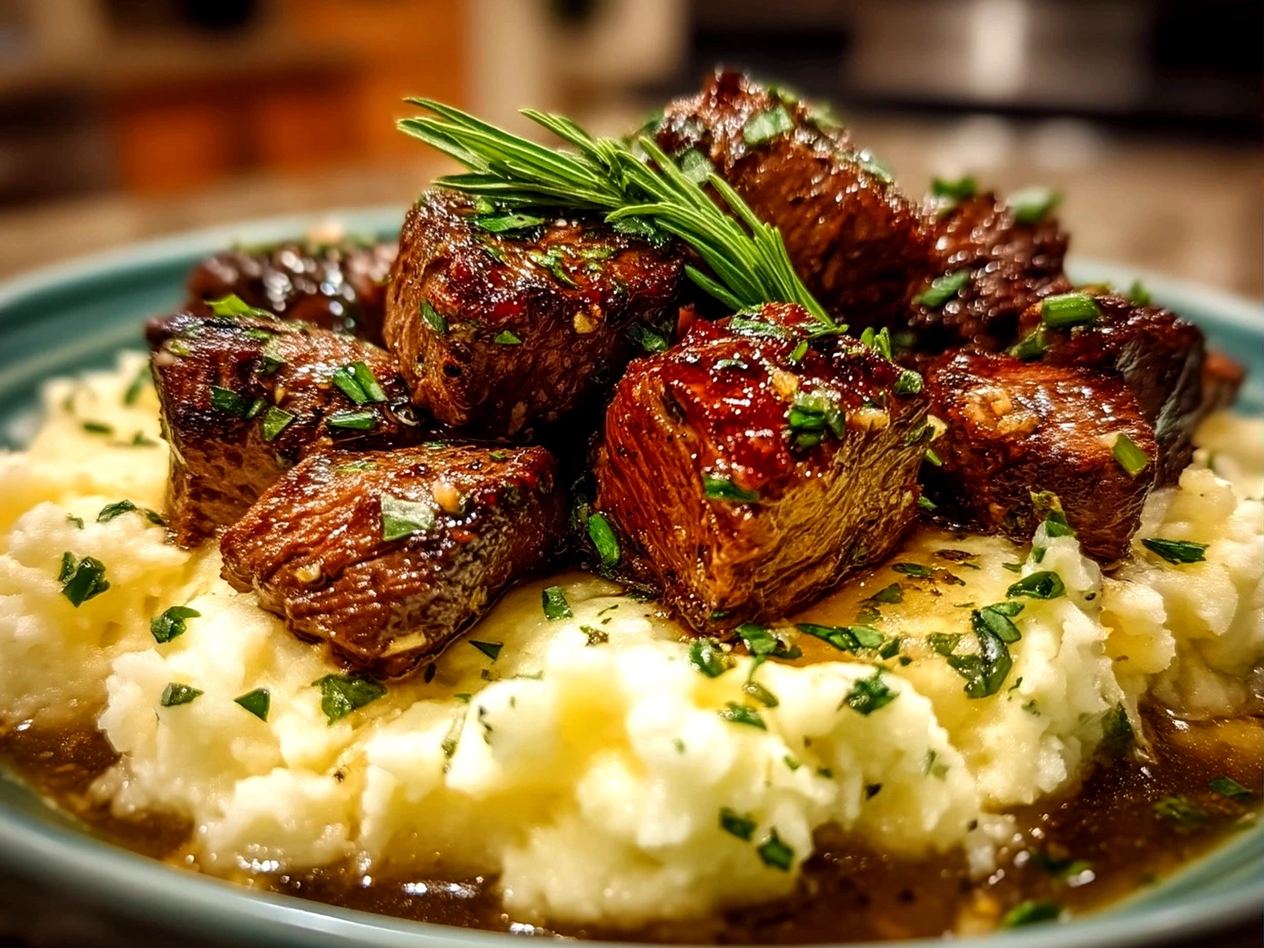 Close up of finished comforting Garlic Butter Beef Bites with Creamy Mashed Potatoes in a kitchen setting
