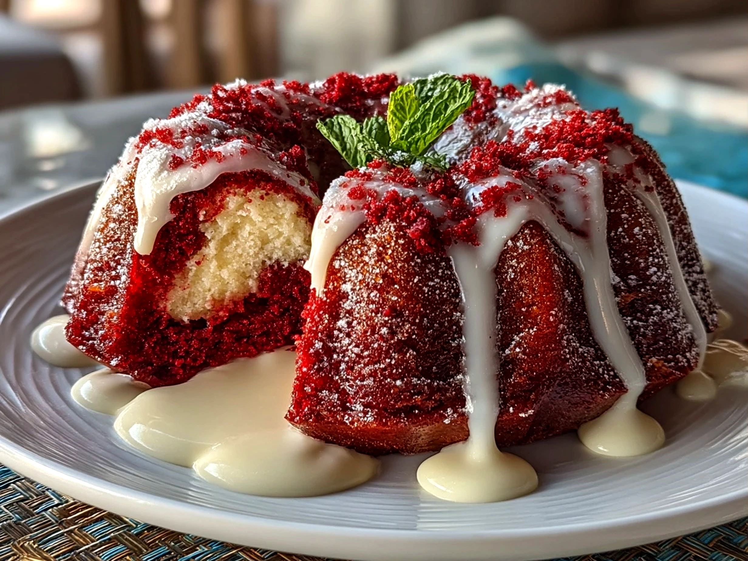 Close up finished comforting Red Velvet Cream Cheese Bundt Cake in amateur kitchen