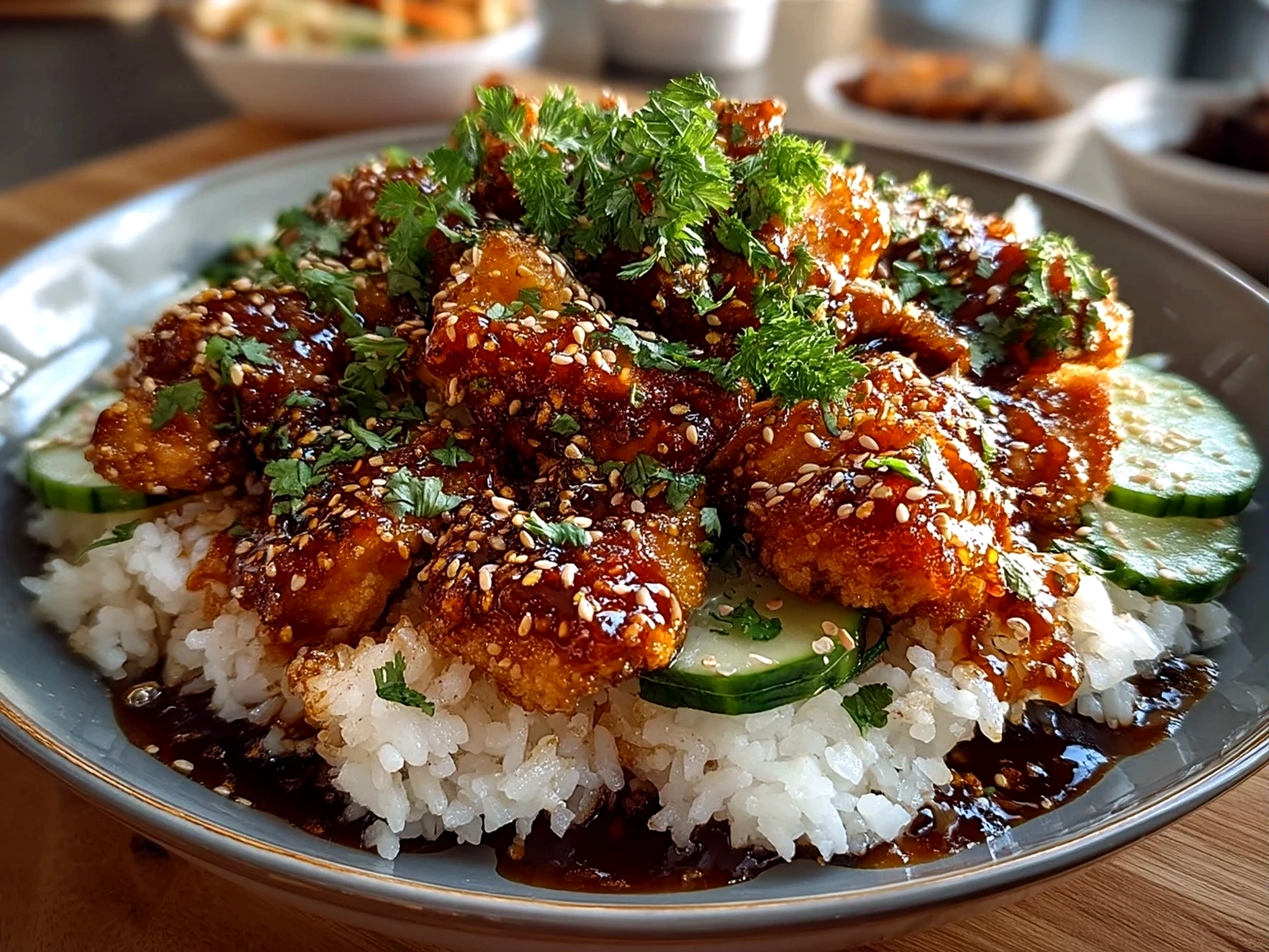 Close up of finished comforting honey sriracha chicken rice bowls in amateur kitchen with fresh vibrant colors
