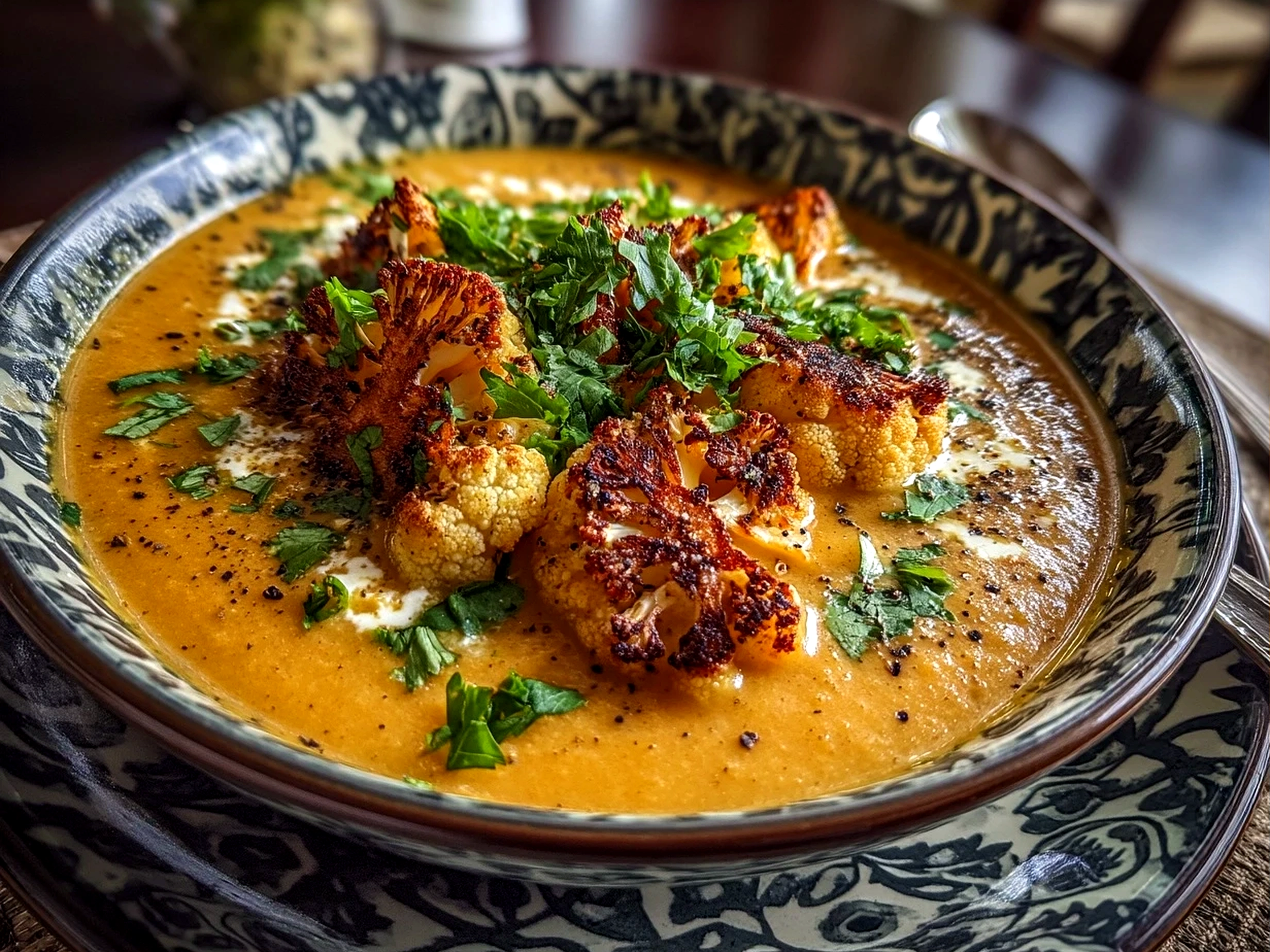 Close-up of finished delicious roasted cauliflower curry soup in rustic bowl