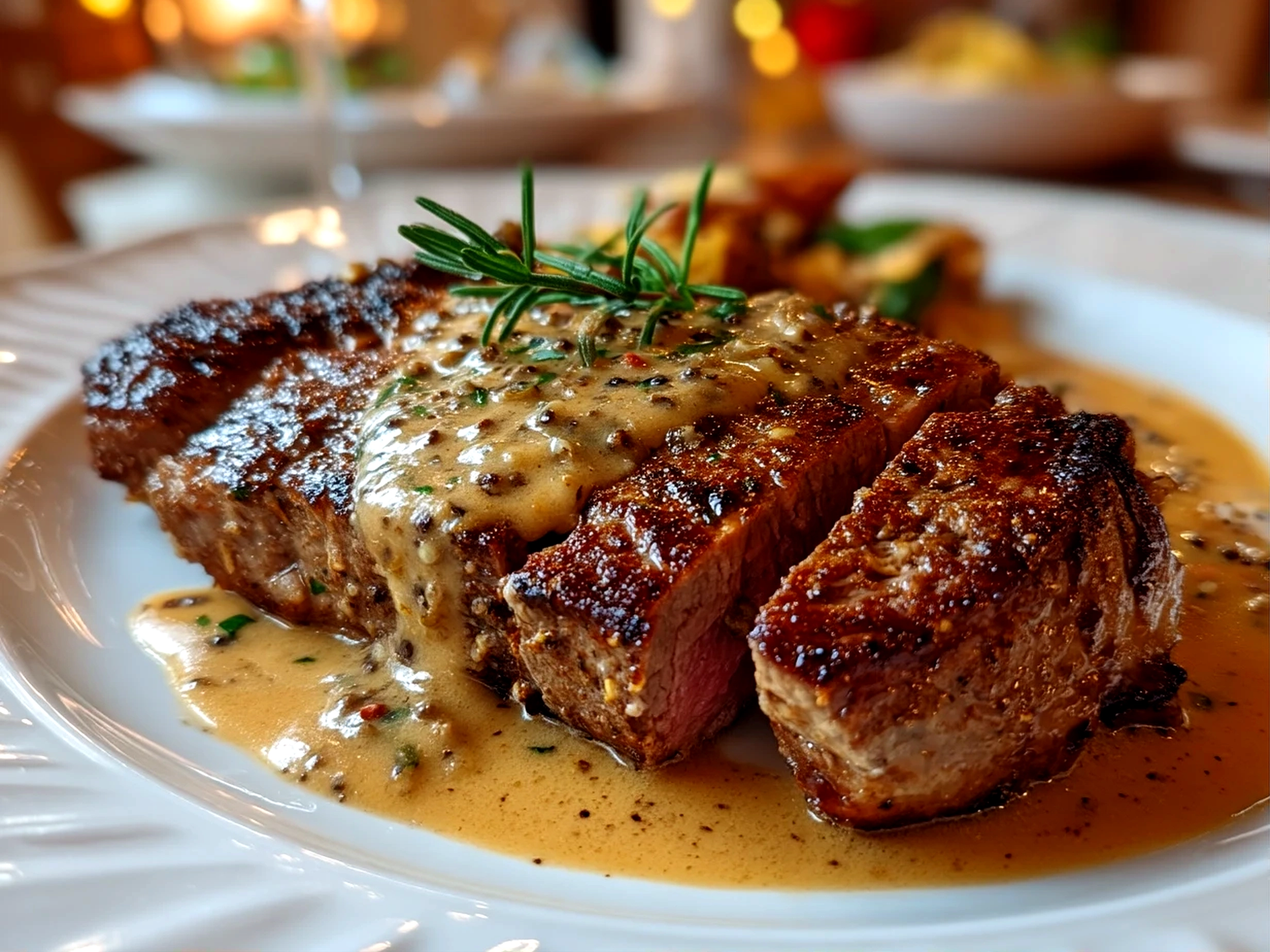 Close up finished homemade steak with peppercorn sauce rich inviting
