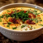 Amateur kitchen, taken with iPhone 15 Pro. Close-up slight angle of freshly prepared Roasted Cauliflower Soup on white bowl. Mouthwatering --ar 4:3 --style raw --s 240