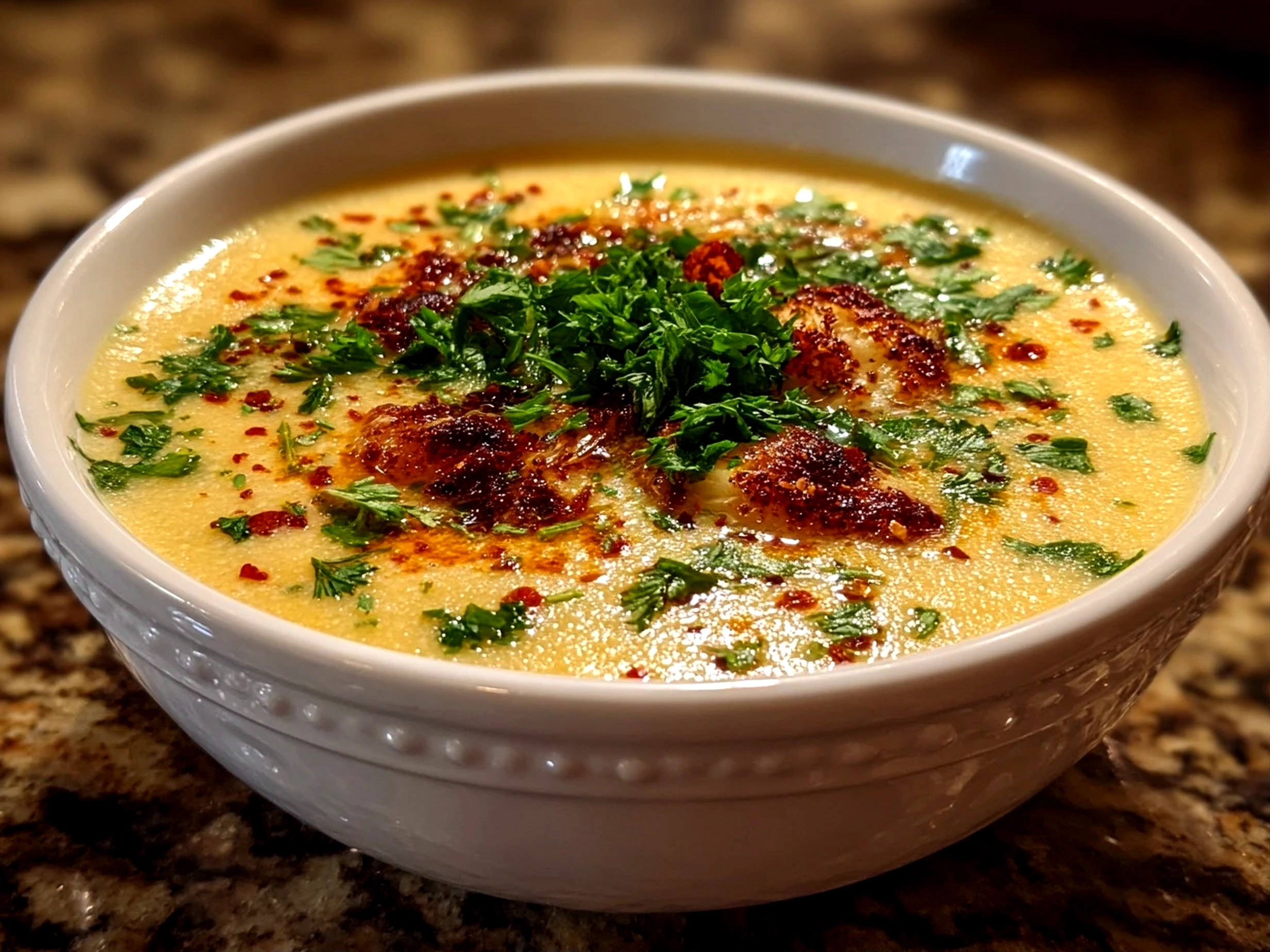 Amateur kitchen, taken with iPhone 15 Pro. Close-up slight angle of freshly prepared Roasted Cauliflower Soup on white bowl. Mouthwatering --ar 4:3 --style raw --s 240