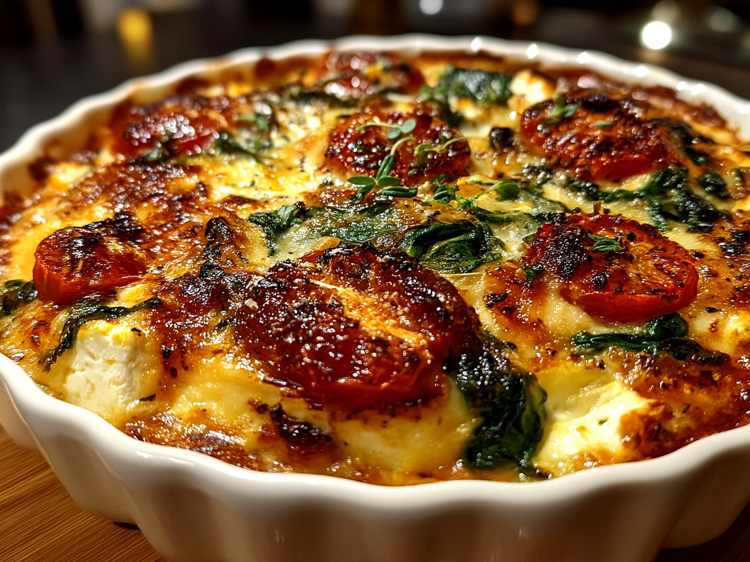 Serving dish of creamy Baked Feta Pasta with Spinach garnished with fresh herbs