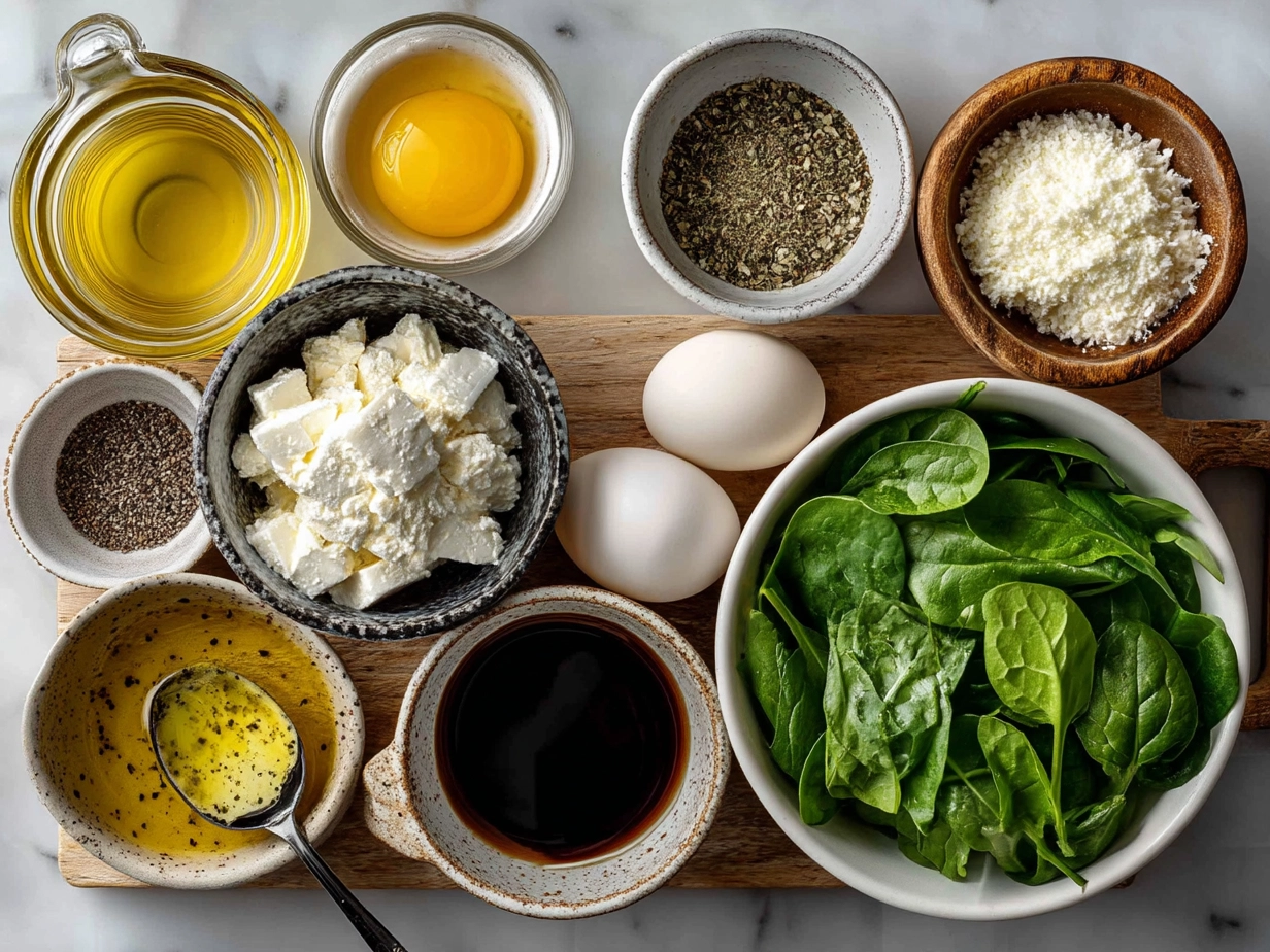 Ingredients for Baked Feta Pasta with Spinach including feta, cherry tomatoes, spinach, pasta, olive oil, and spices