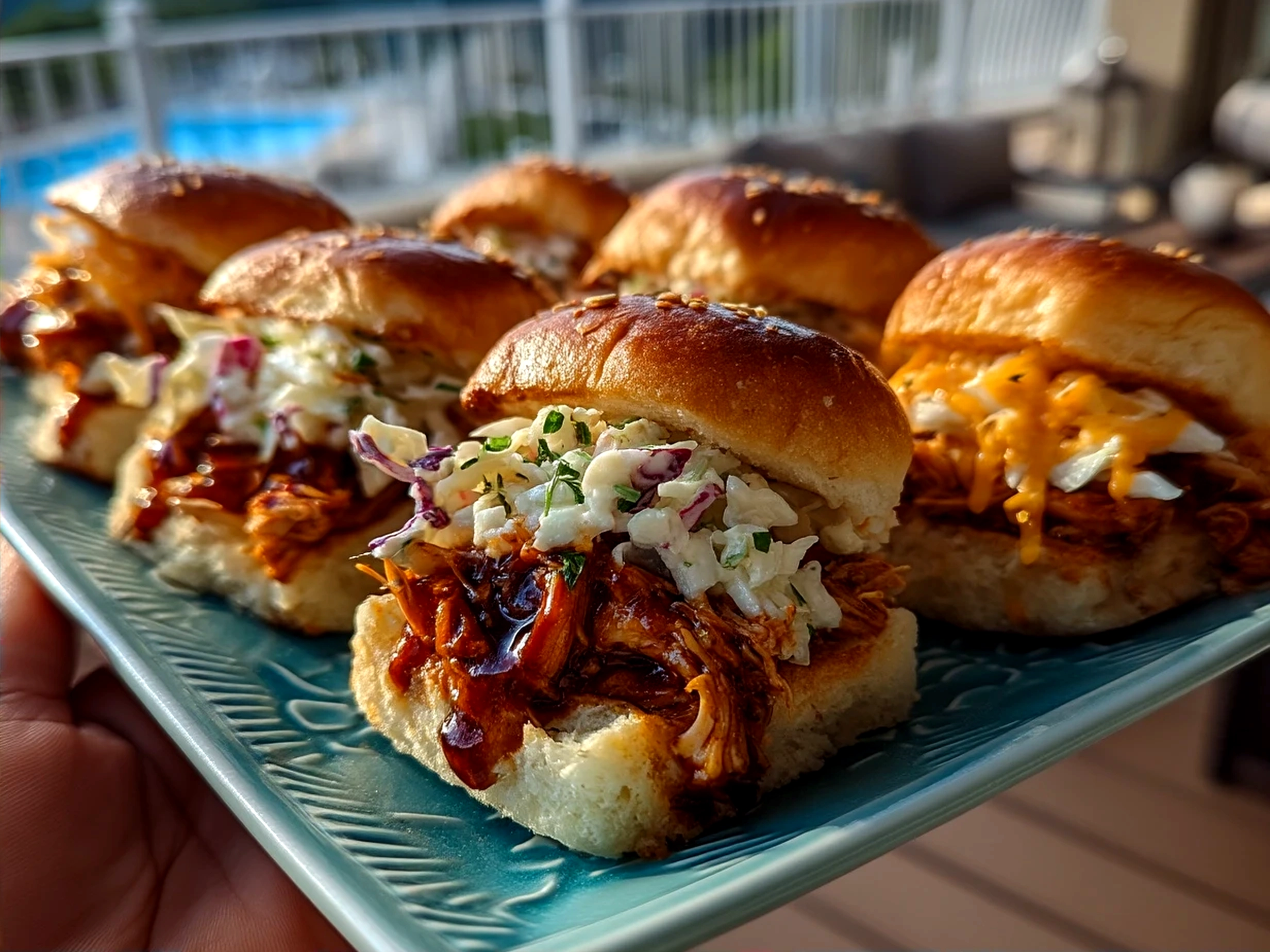Finished BBQ Chicken Sliders stacked on a wooden tray served with pickles and coleslaw