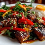 Beautiful Orange Glazed Tempeh Stir Fry on clean counter