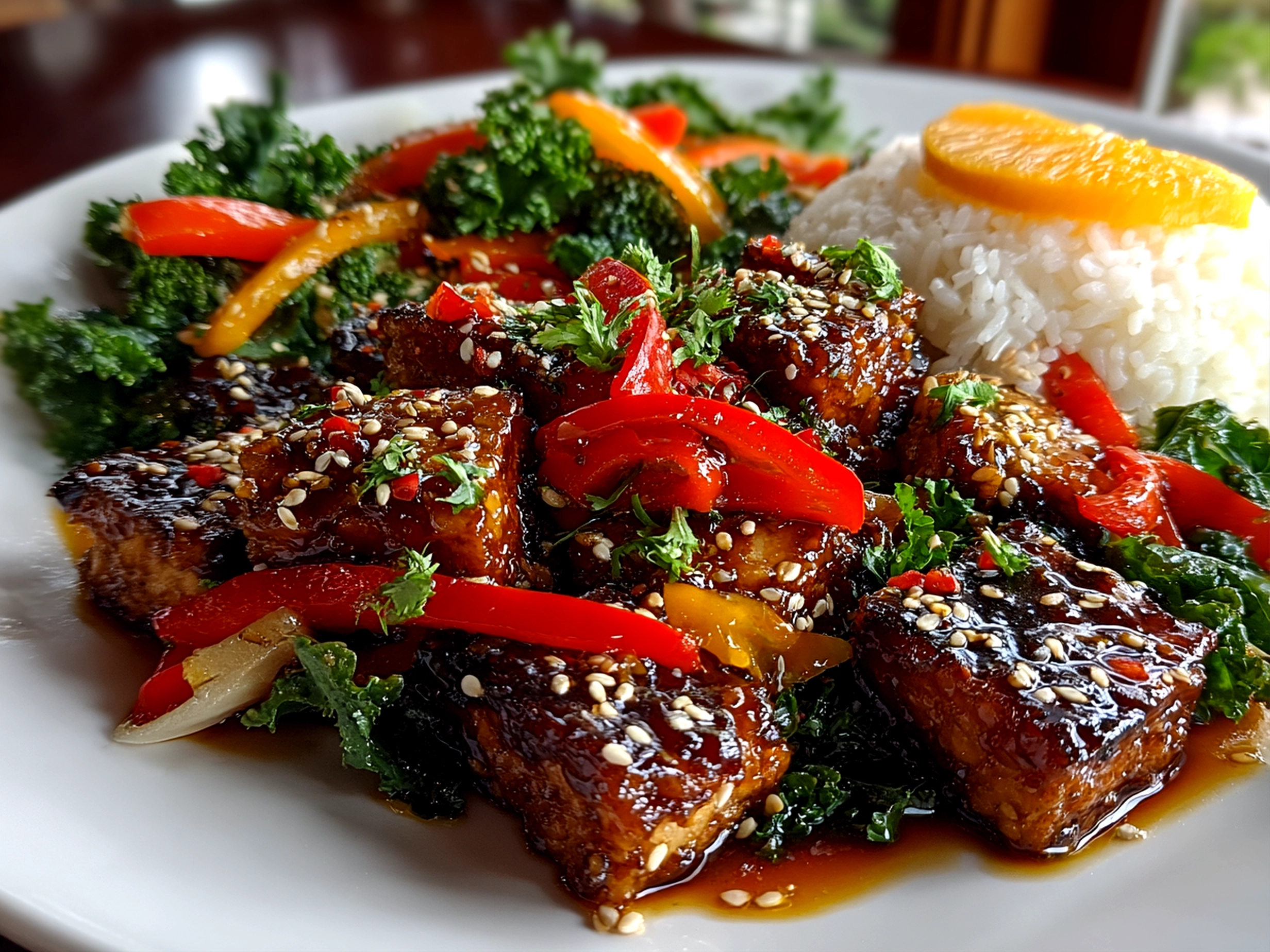 Beautiful Orange Glazed Tempeh Stir Fry on clean counter