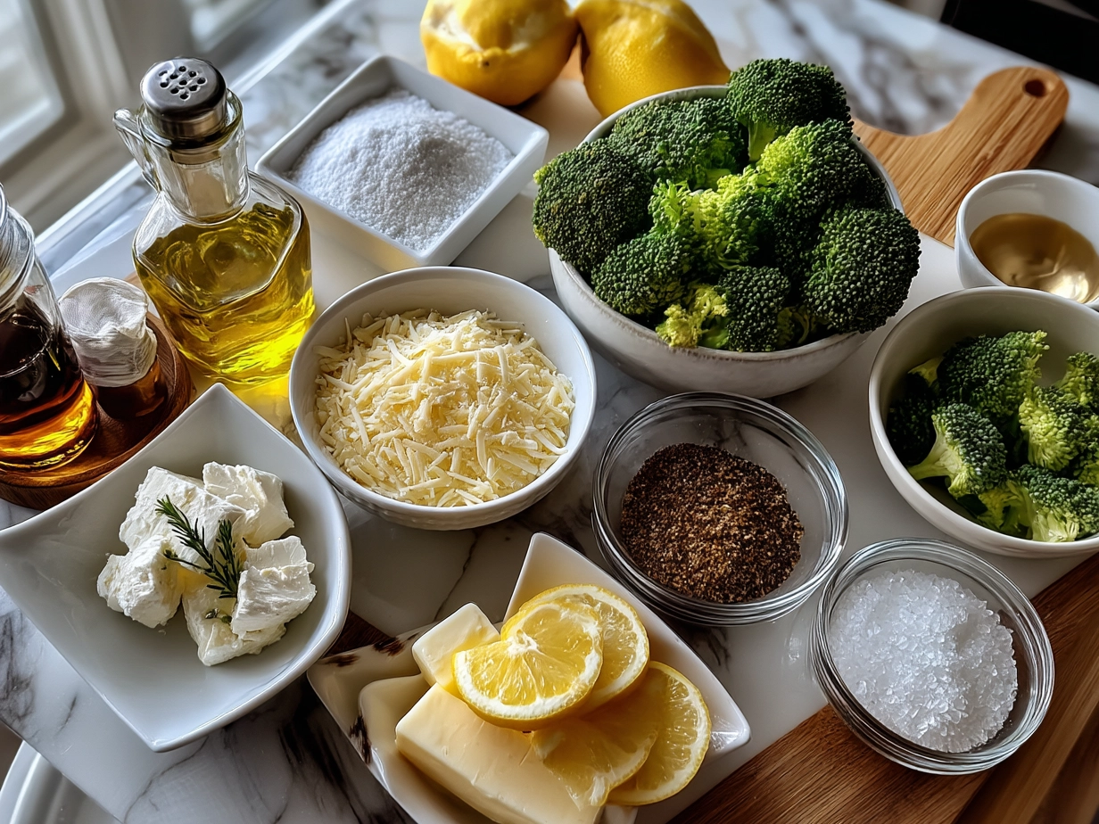 Fresh ingredients for Broccoli Cheddar Orzo Bake including sharp cheddar cheese, broccoli florets, orzo pasta, and butter