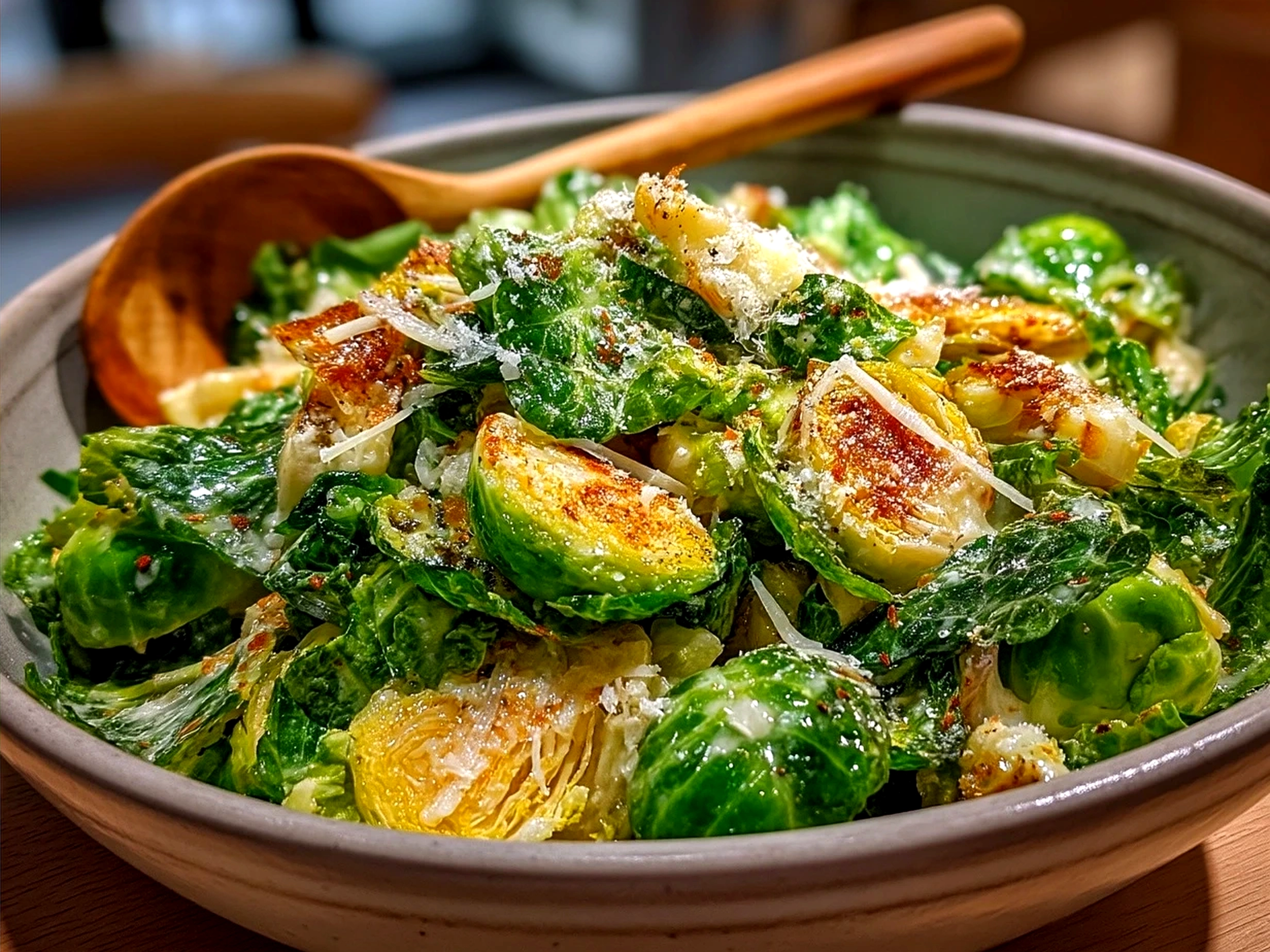 Finished Brussels Sprouts Caesar Salad served in a rustic bowl garnished with Parmesan and croutons