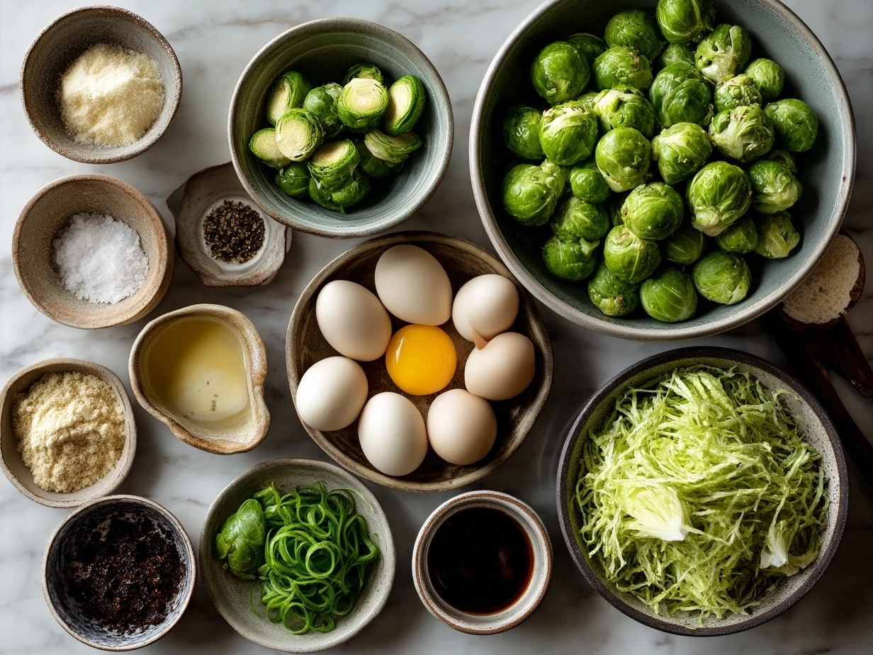 Ingredients laid out for Brussels Sprouts Caesar including fresh Brussels sprouts, olive oil, Parmesan cheese, lemon, and croutons