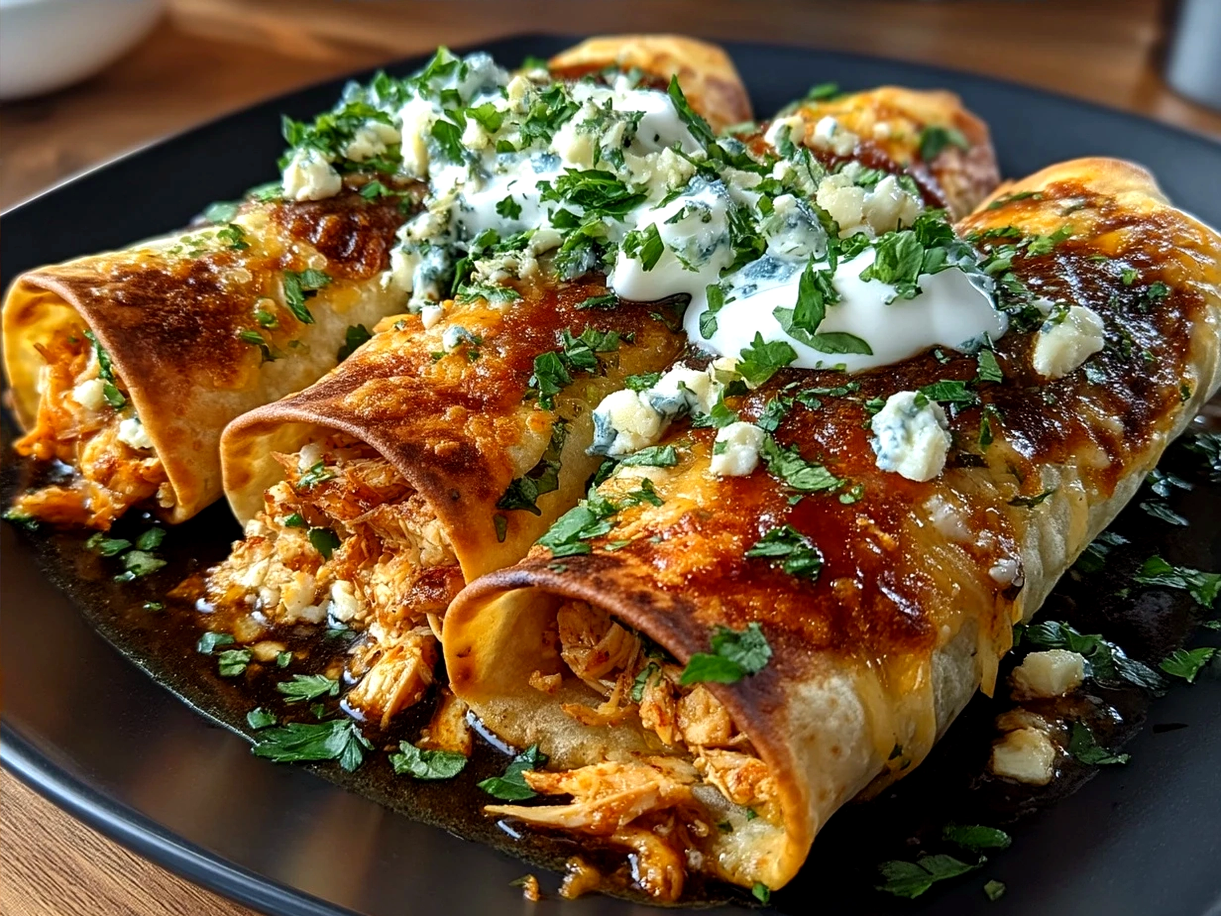 Served Buffalo Chicken Taquitos with dipping sauces