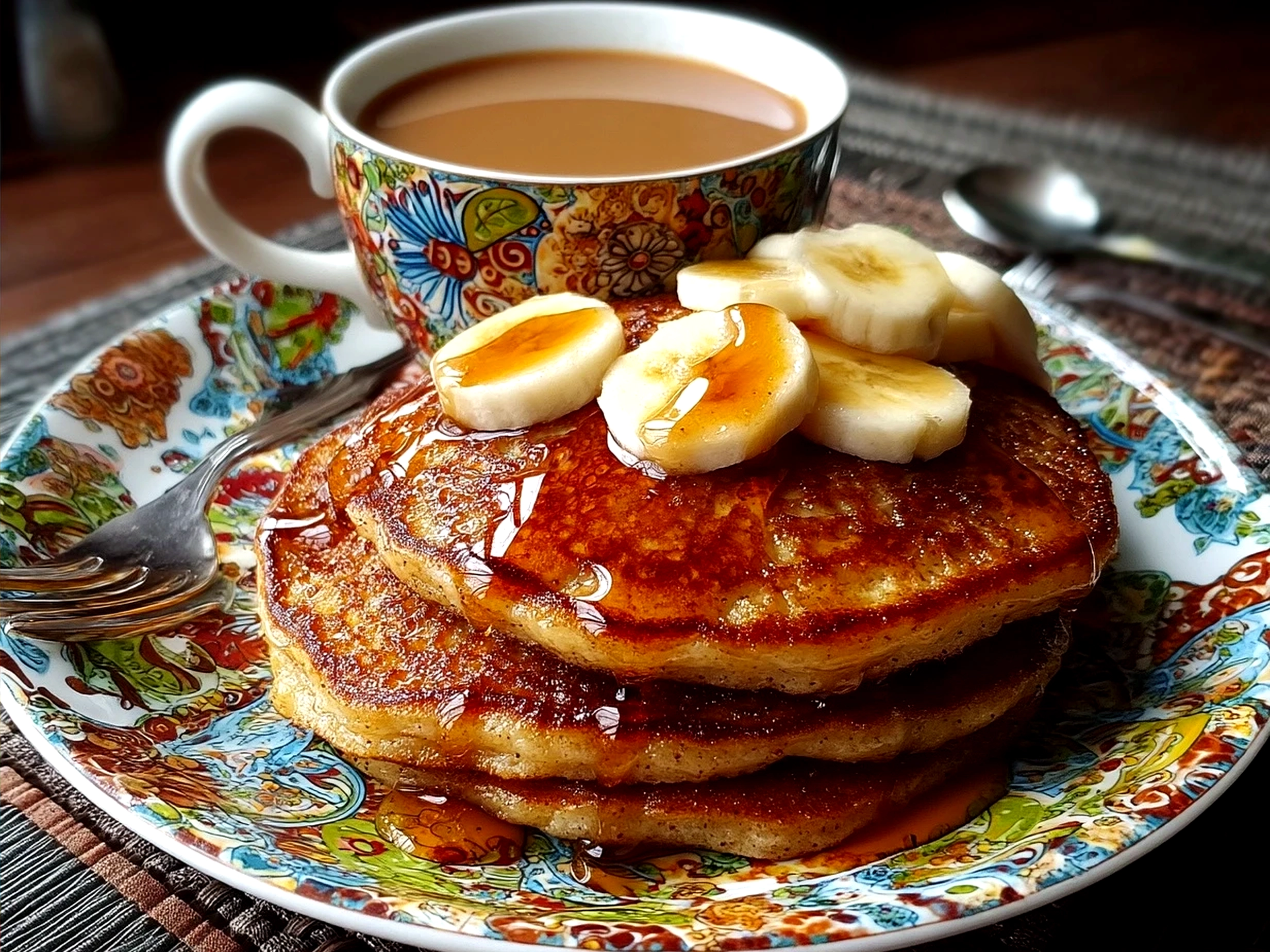 Stack of the final served Chai Spiced Pancakes with toppings
