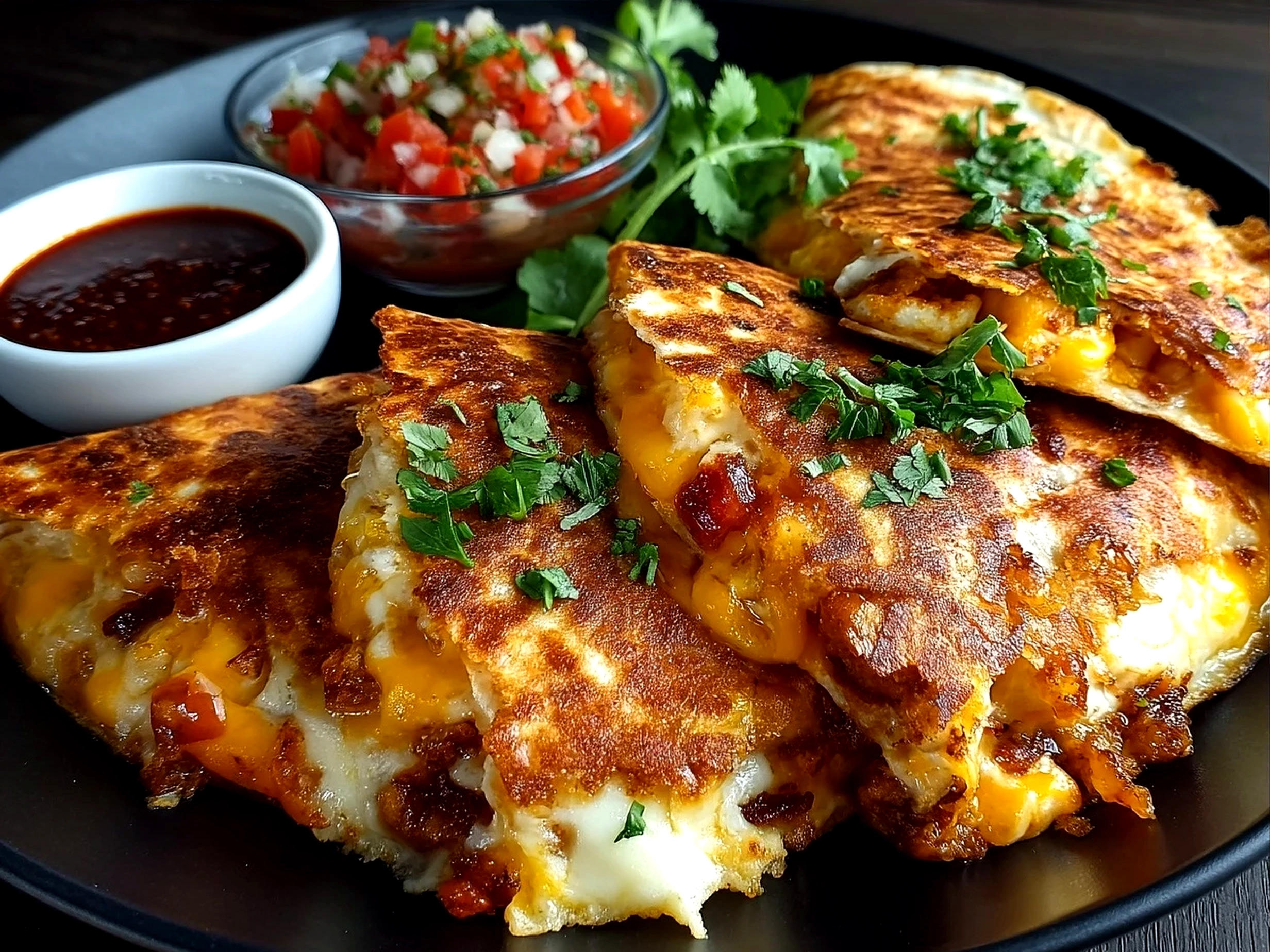 Stack of golden crispy cheese quesadilla wedges on a vibrant ceramic dish garnished with green onions