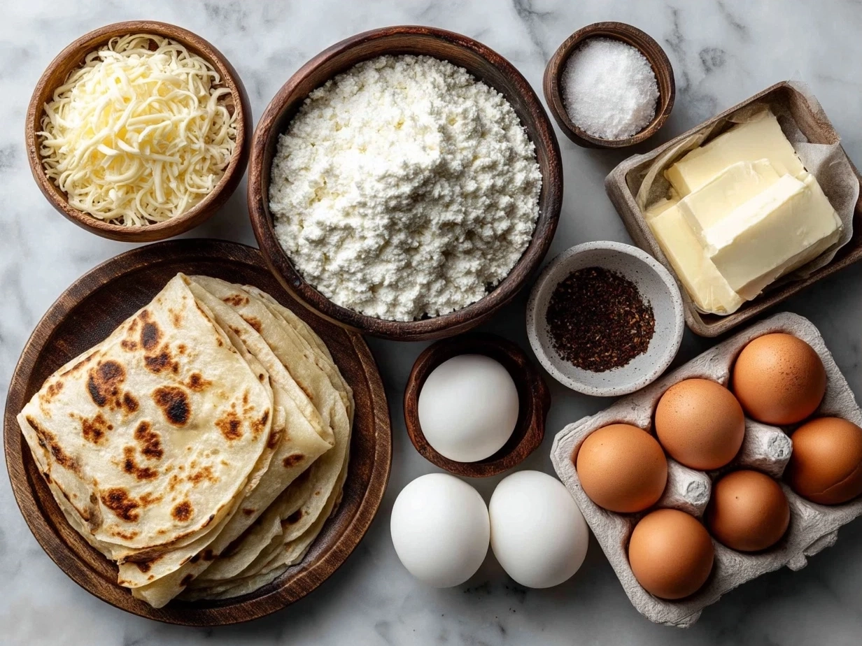Ingredients for a cheesy quesadilla including shredded cheese, flour tortillas, butter, and fresh herbs