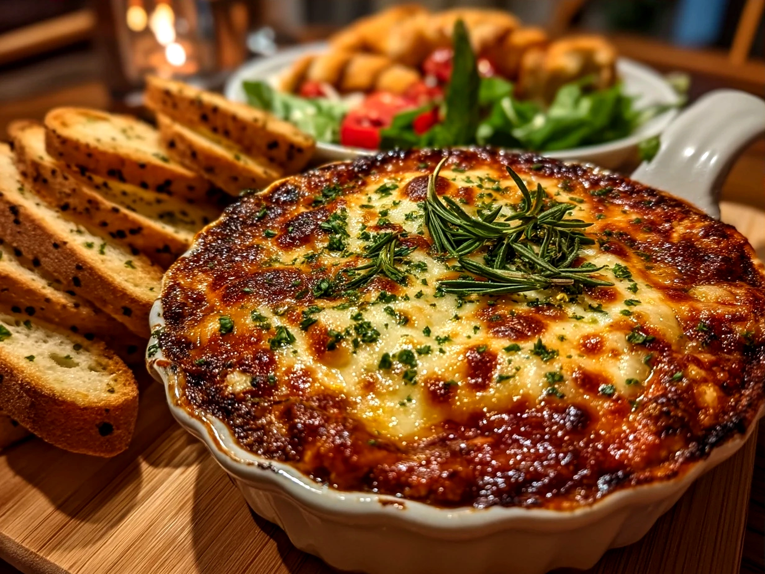 Serving cheesy pizza dip with crunchy breadsticks and fresh veggies ready for dipping