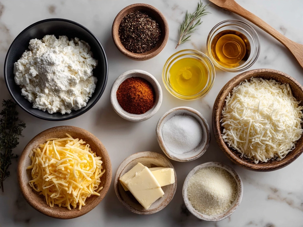 Ingredients for cheesy pizza dip including cream cheese, mozzarella, cheddar, Parmesan, pepperoni, and tomato sauce