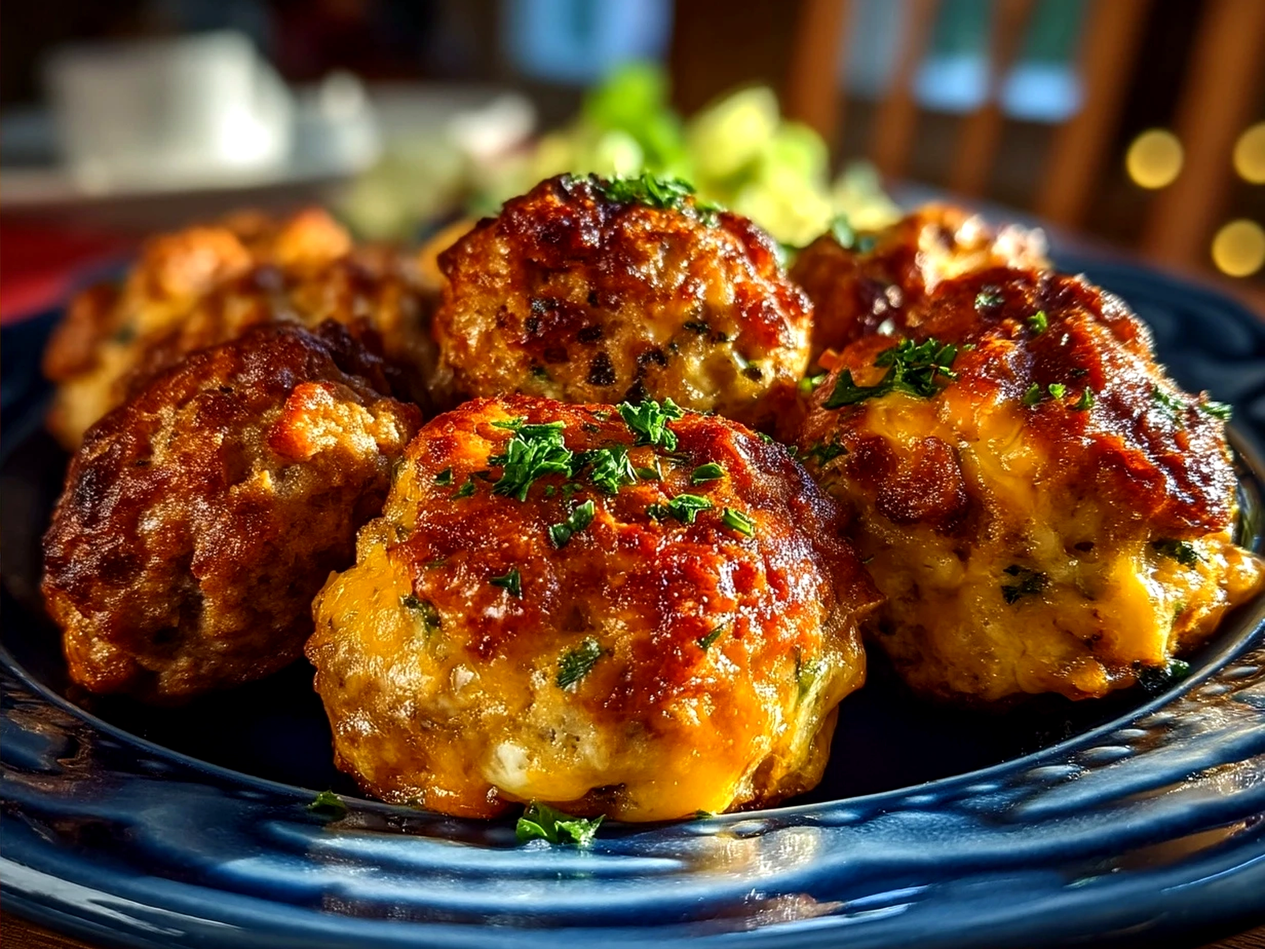 Finished plate of Cheesy Rotel Sausage Balls garnished with fresh herbs ready to serve.