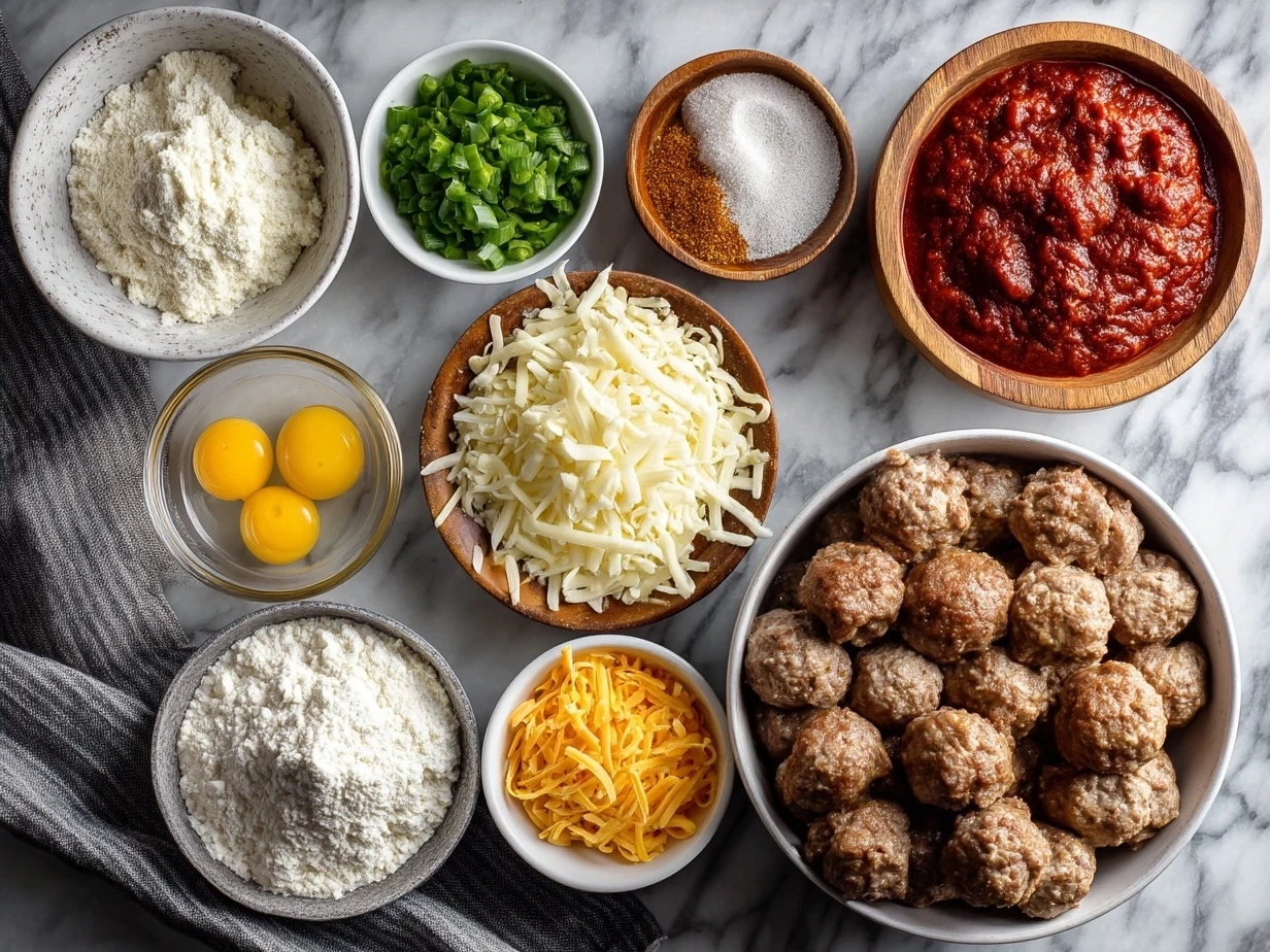 Ingredients for Cheesy Rotel Sausage Balls including sausage, shredded sharp cheddar, can of Rotel, cream cheese, bisquick mix, and spices.