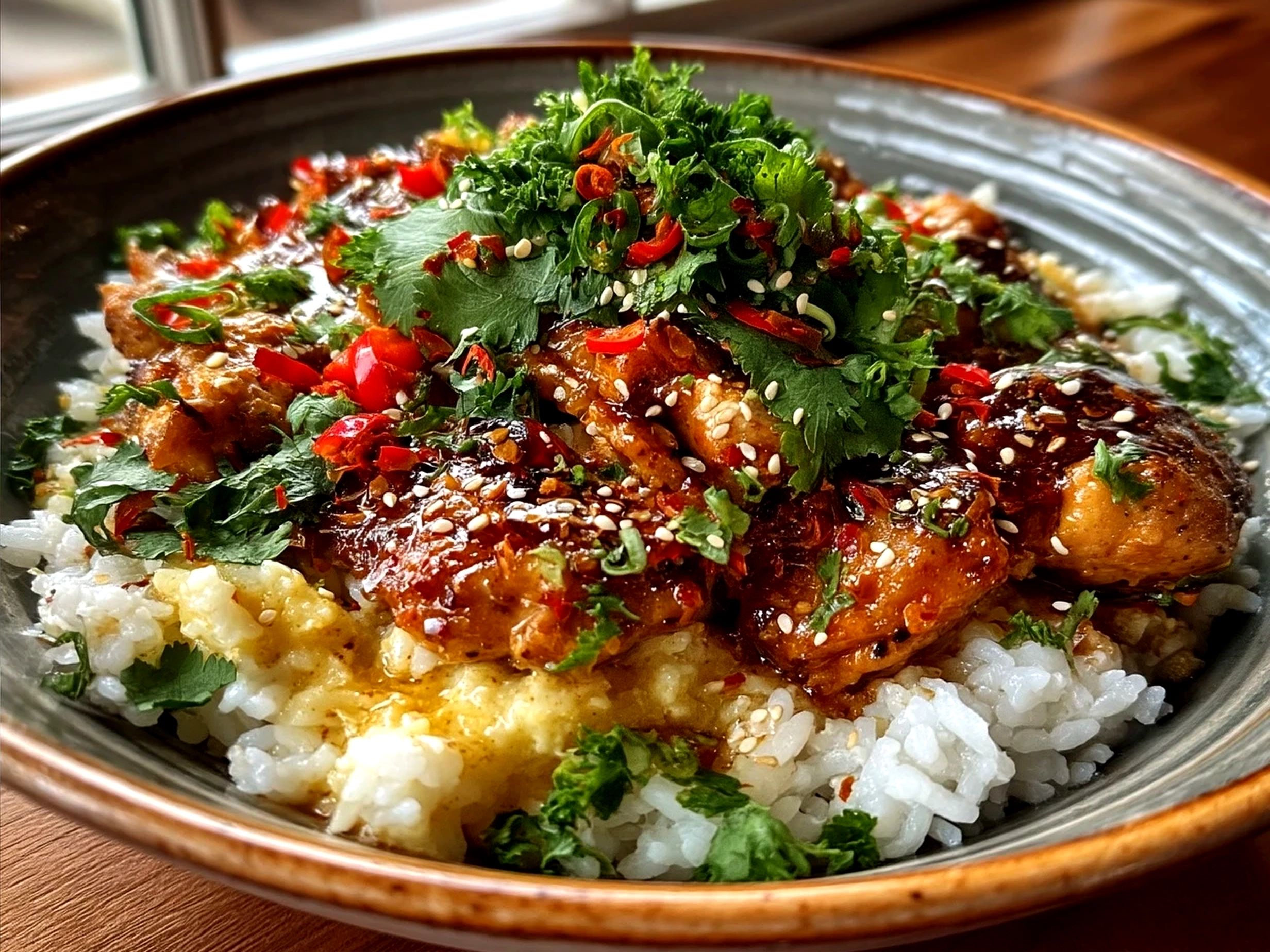 Served Chicken And Rice Bowl with garnishes like sesame seeds, green onions, and cilantro