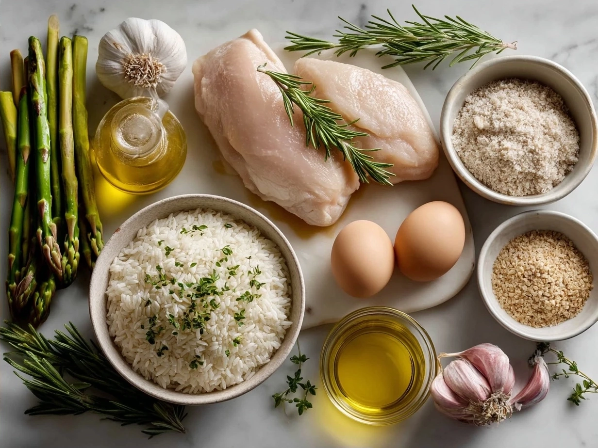 Ingredients for Chicken And Rice Bowl including chicken breasts, jasmine rice, vegetables, and seasonings