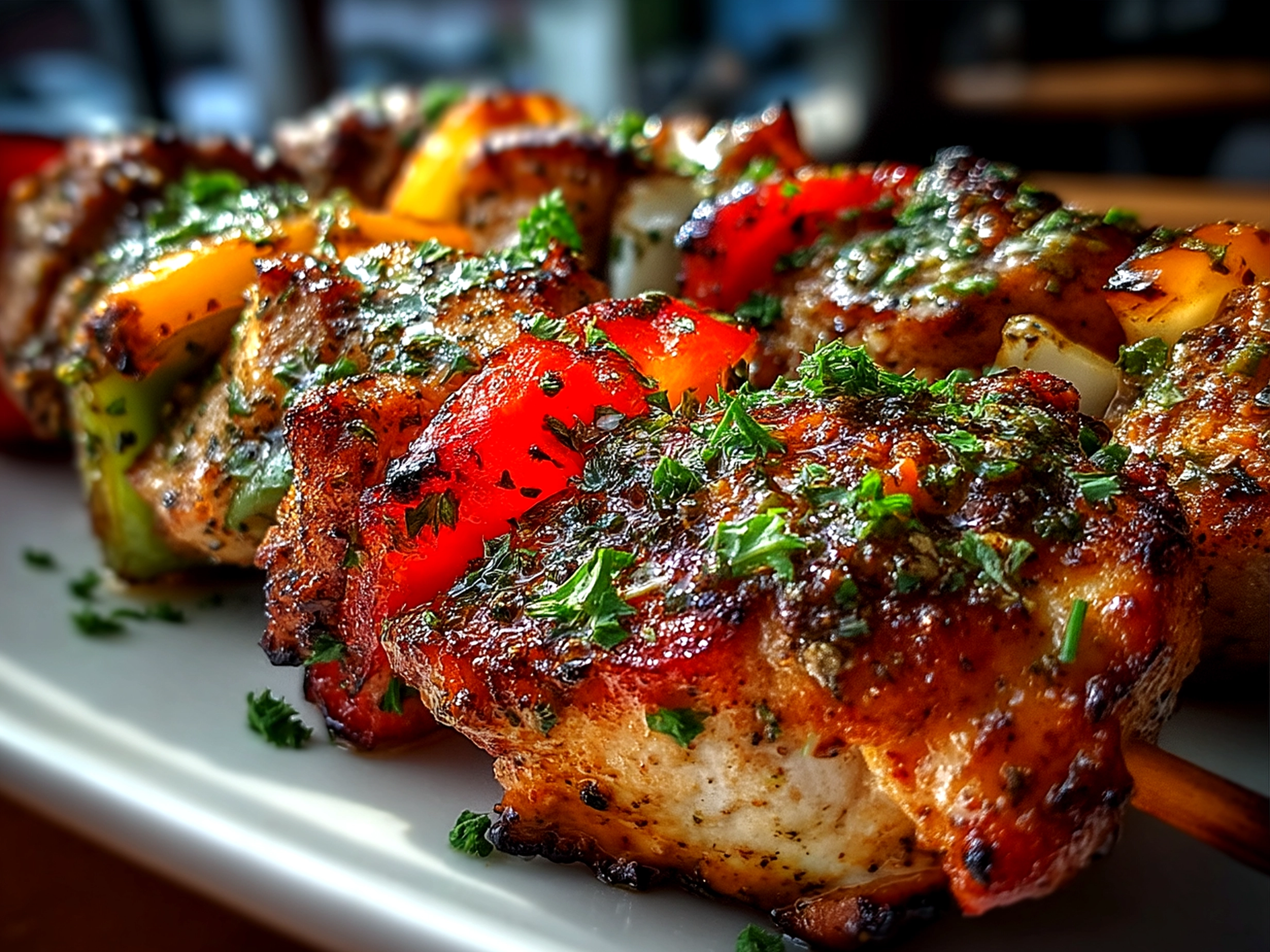 Finished Chicken Kebabs served with fresh herbs and lemon wedges on a rustic wooden board