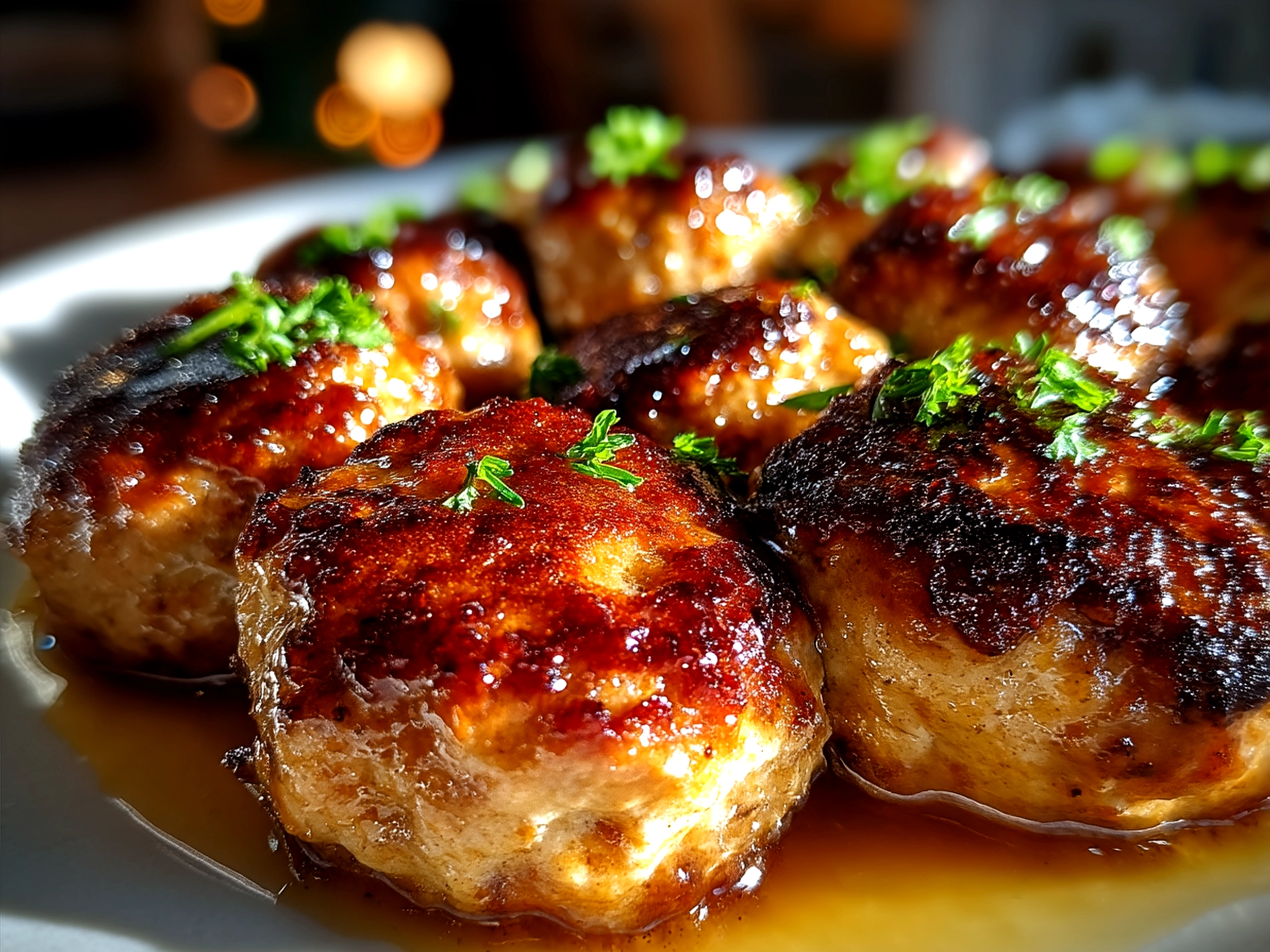 Serving suggestion of Chicken Marsala Meatballs served over noodles with Marsala sauce and fresh herbs