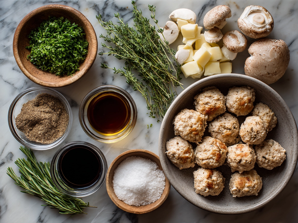 Ingredients for Chicken Marsala Meatballs including ground chicken, breadcrumbs, parmesan, garlic, parsley, mushrooms, Marsala wine, and spices