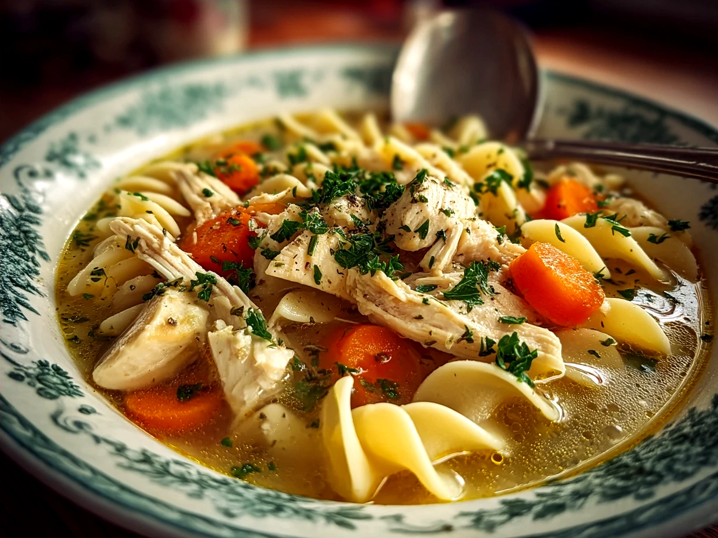 A steaming bowl of homemade chicken noodle soup garnished with fresh herbs, served with crusty bread