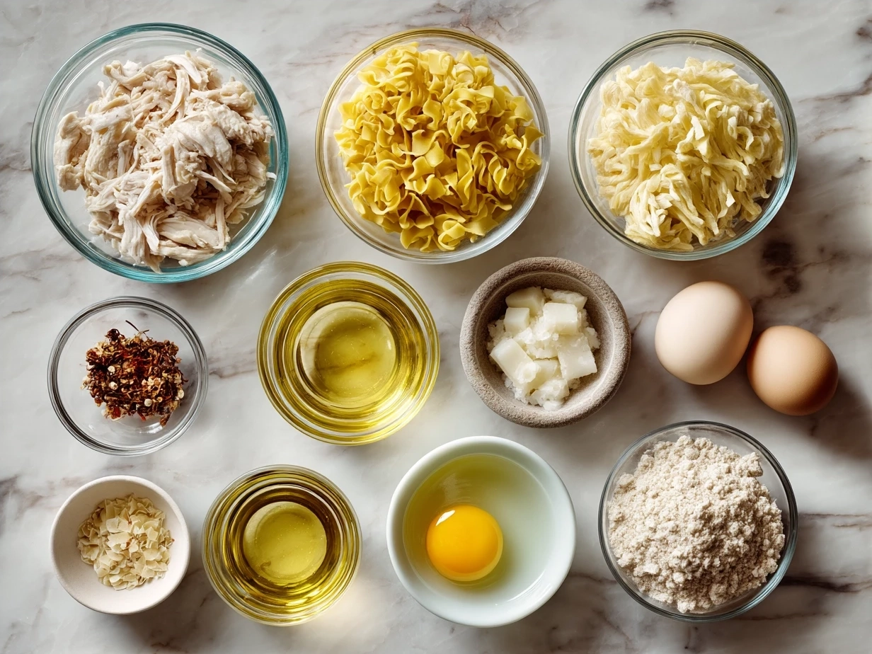 Ingredients laid out for homemade chicken noodle soup including vegetables, spices, chicken broth, egg noodles, and shredded chicken