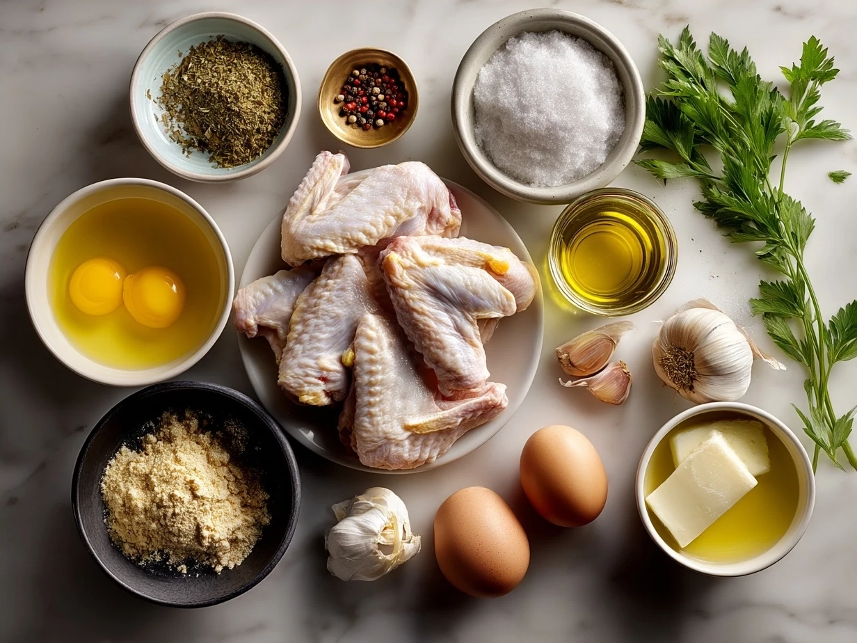 Ingredients for crispy chicken wings laid out on a table