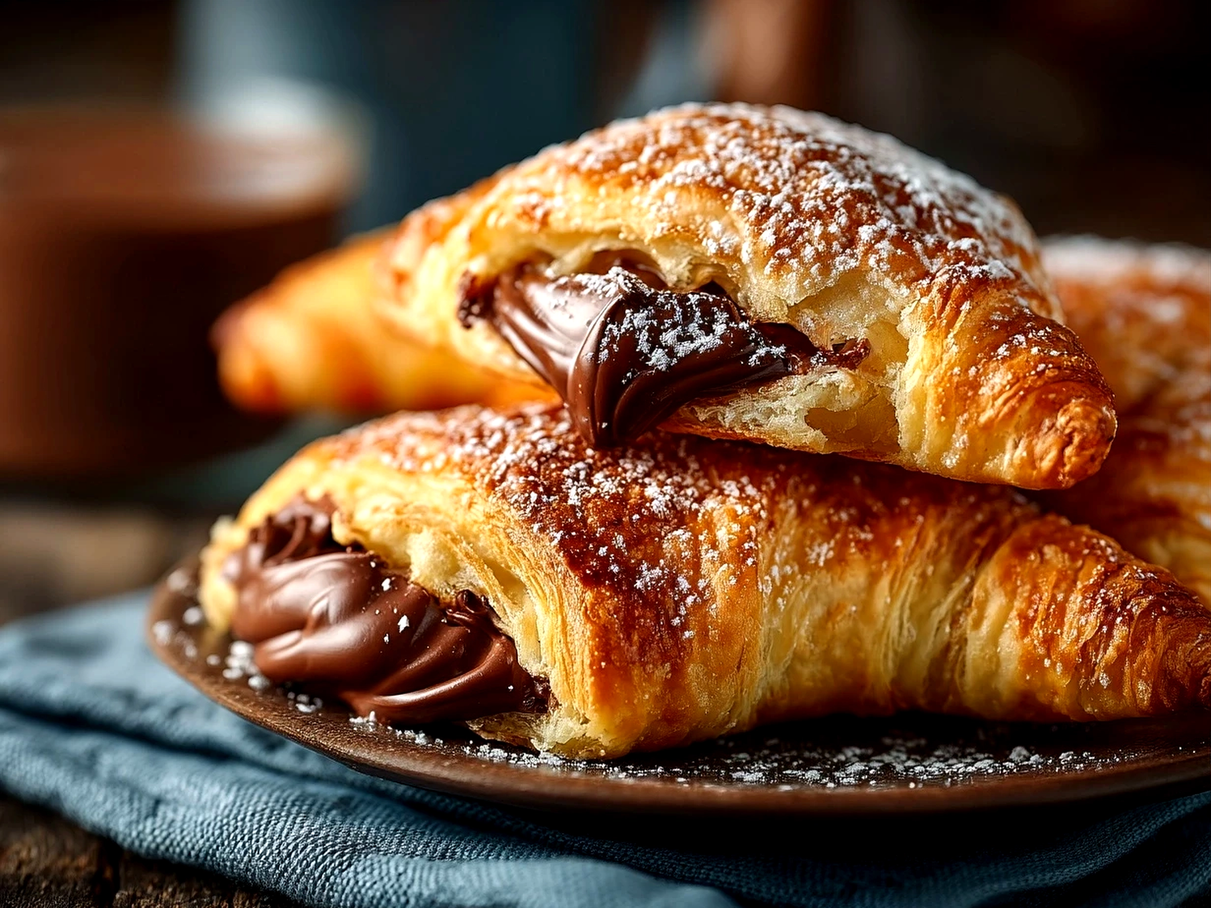 Plated Chocolate-Filled Nutella Crescent Rolls served with fresh berries and powdered sugar
