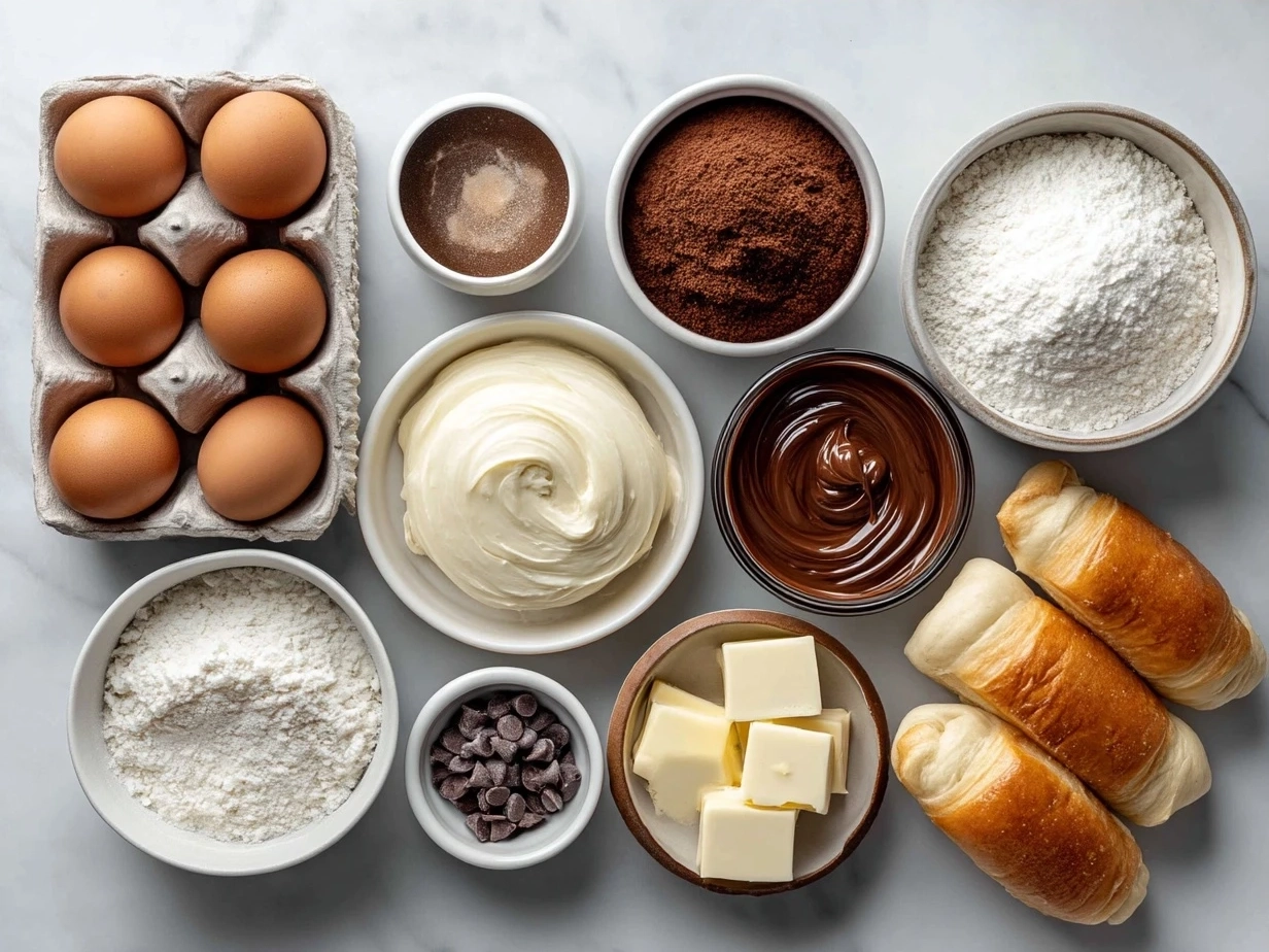 Ingredients for Chocolate-Filled Nutella Crescent Rolls including crescent dough, Nutella spread, eggs, and optional nuts