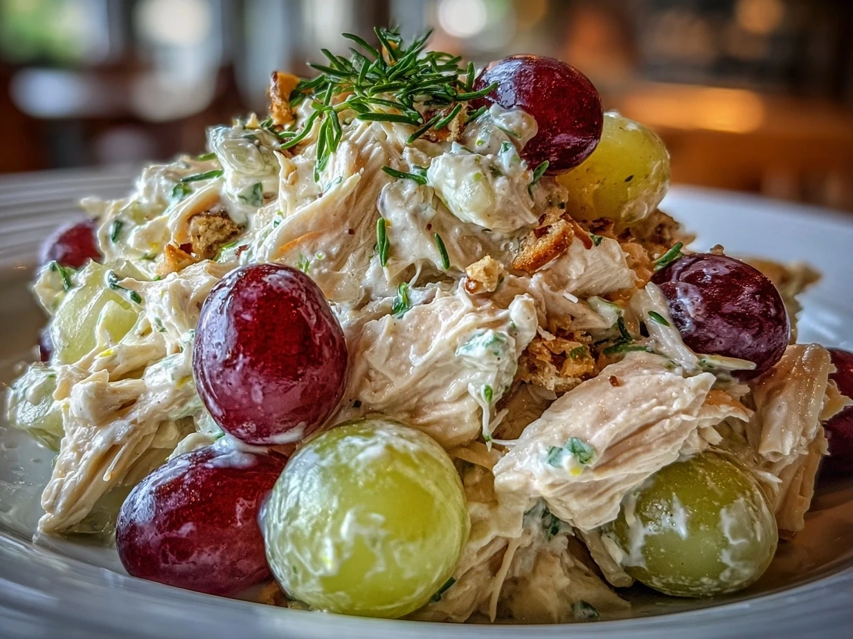 Close-up of finished Chicken Salad Chick Grape Salad showing creamy texture and nut topping
