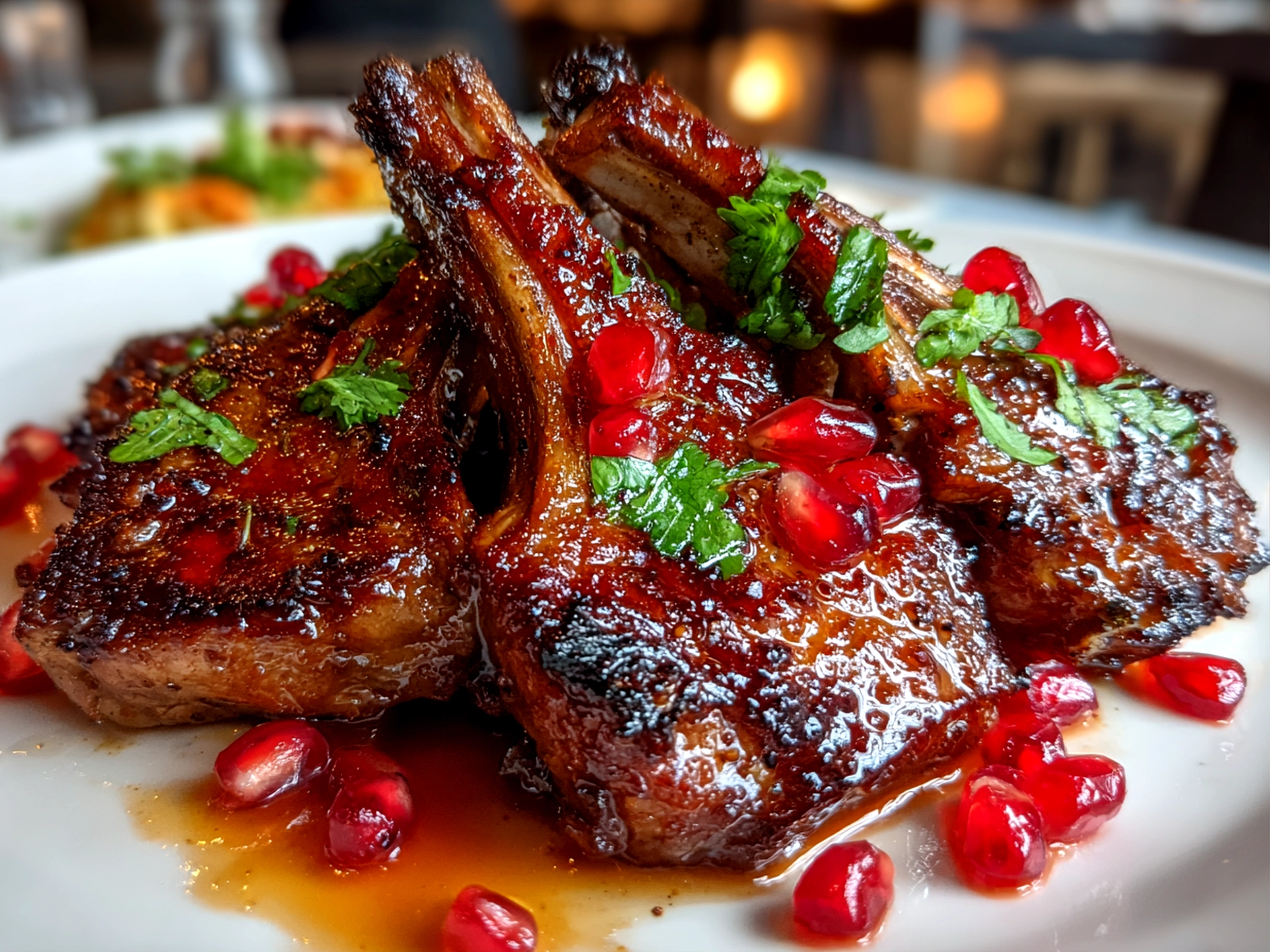 Close-up of delicious pomegranate glazed lamb chops