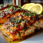 Close-up of homemade garlic butter lemon salmon plated
