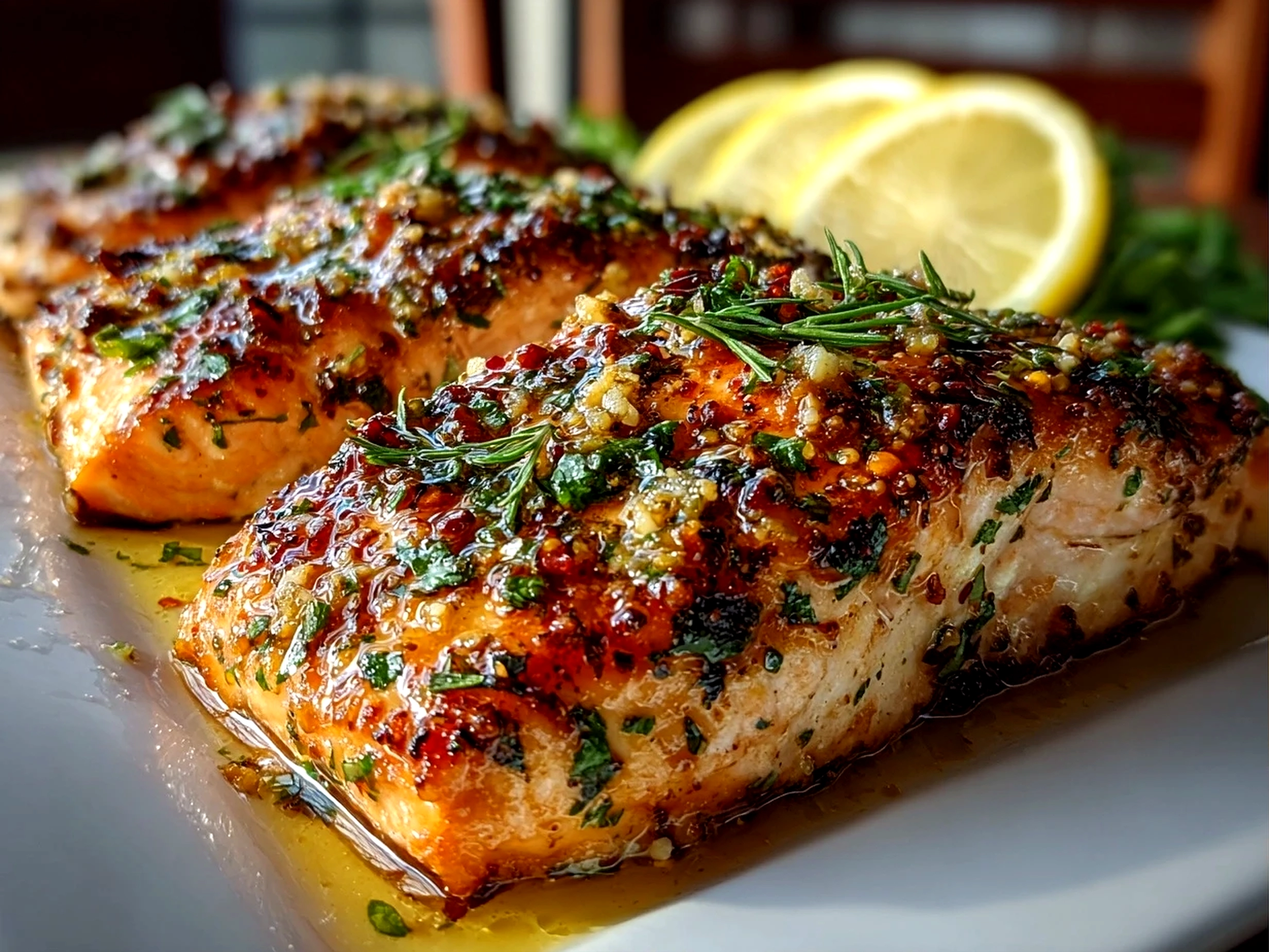 Close-up of homemade garlic butter lemon salmon plated