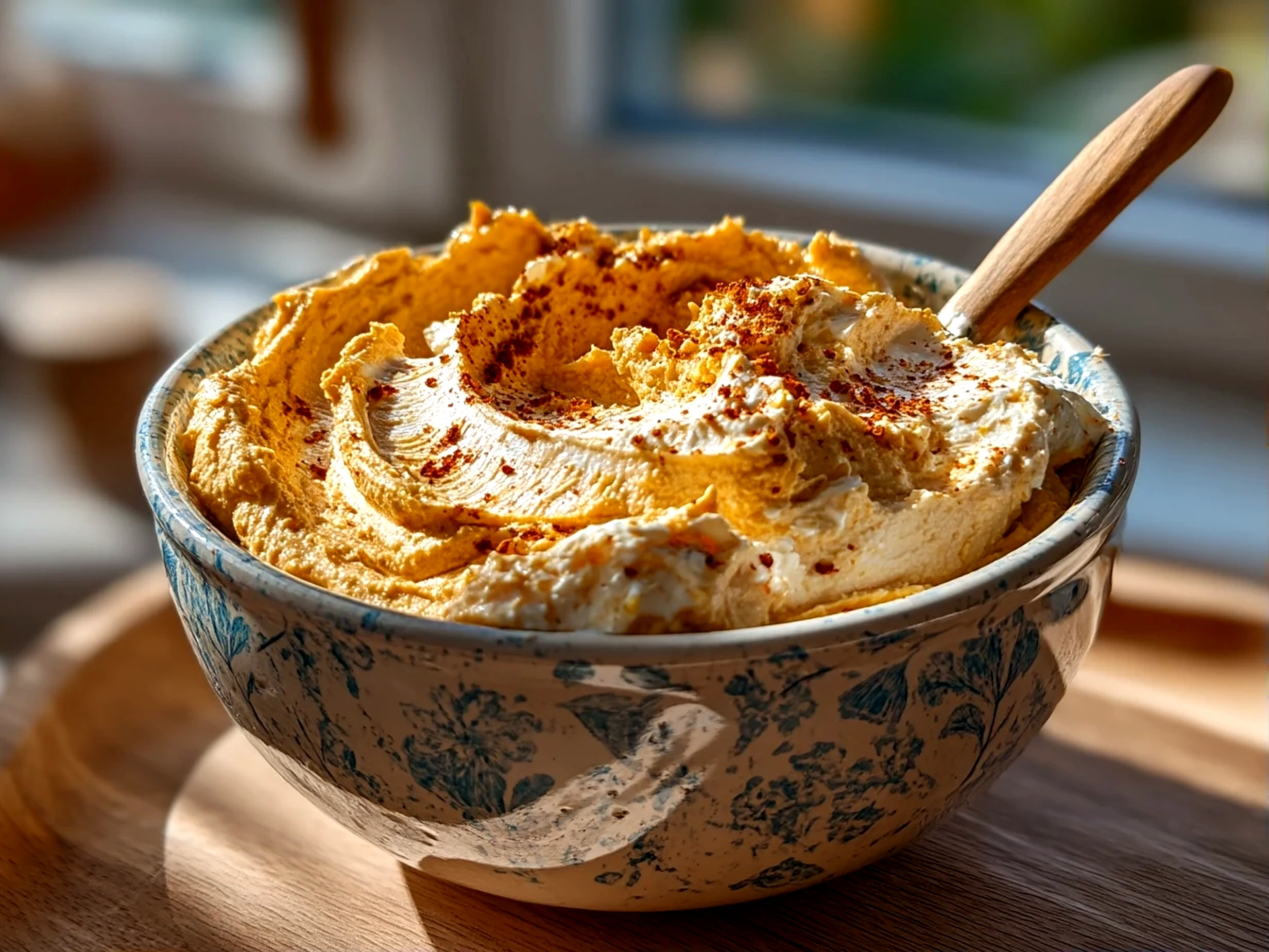 Close-up of ready to eat Pumpkin Whipped Feta Dip garnished with fresh herbs and olive oil