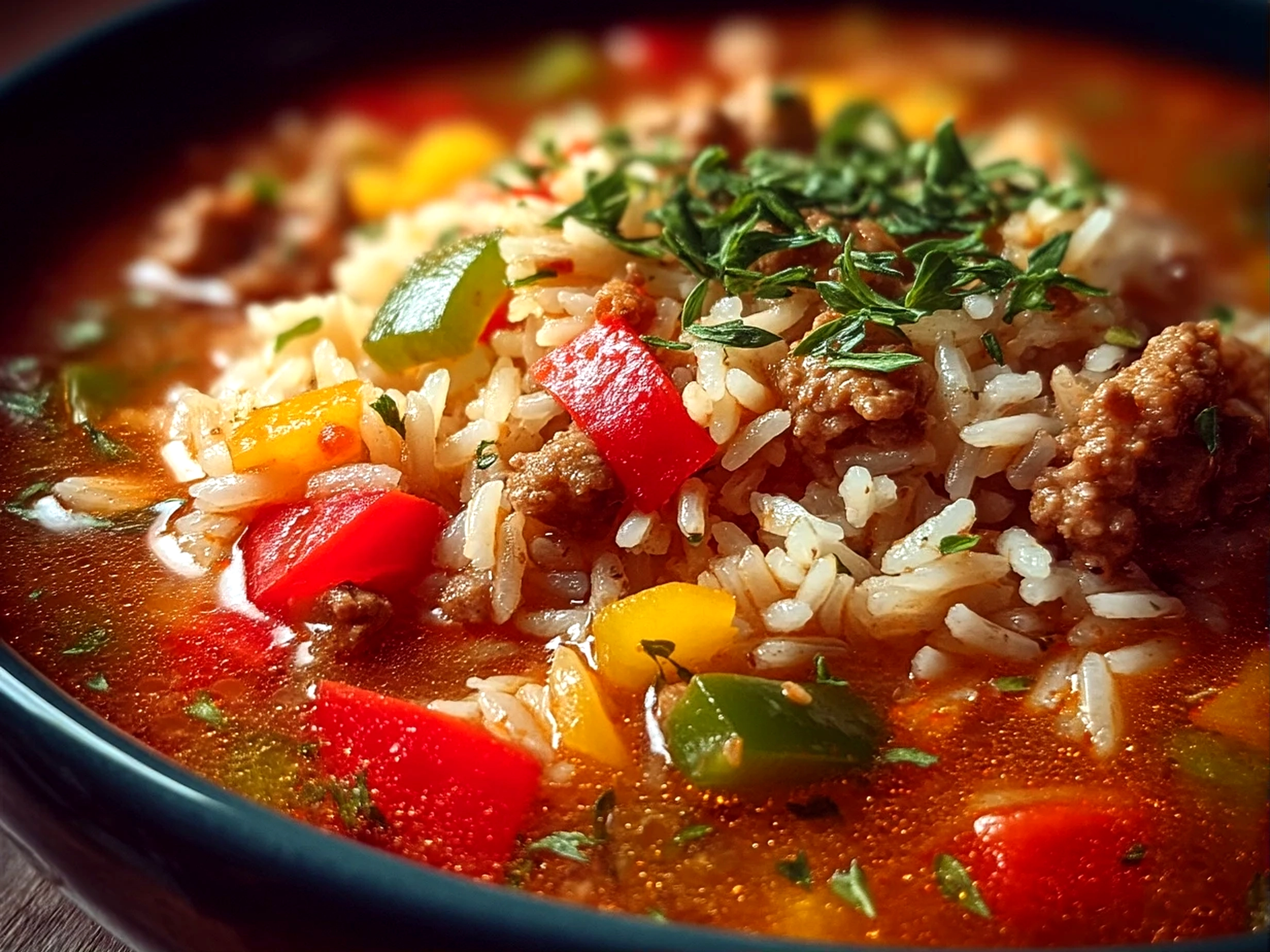 Close-up of ready to eat stuffed pepper soup in a bowl