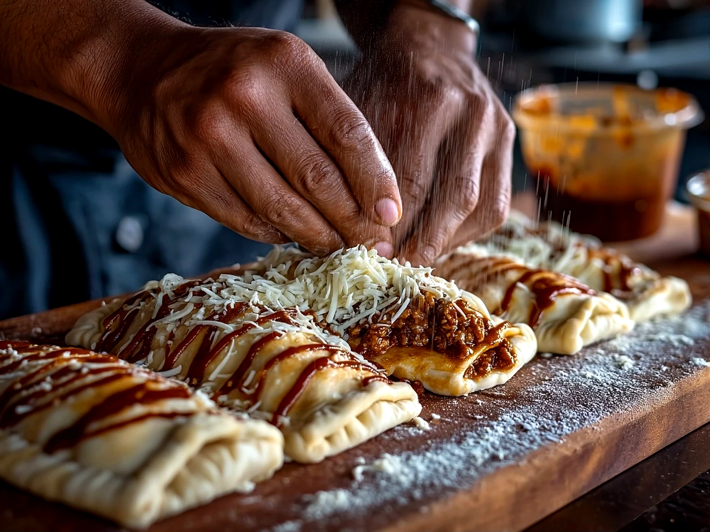 Close-up of golden baked Touchdown Calzones ready to eat, showing crispy crust and cheesy filling