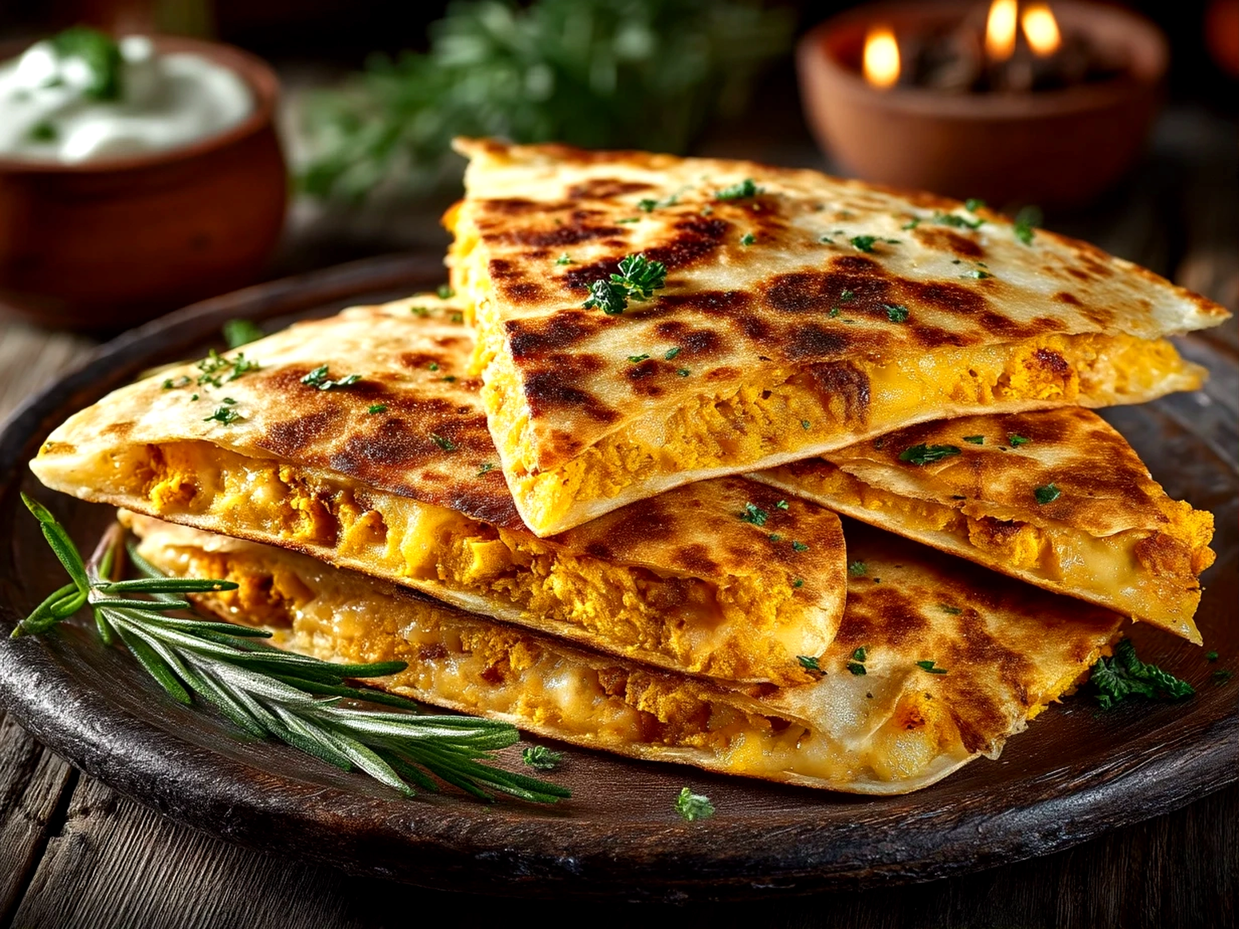 Close-up of freshly cooked pumpkin quesadillas with golden melted cheese