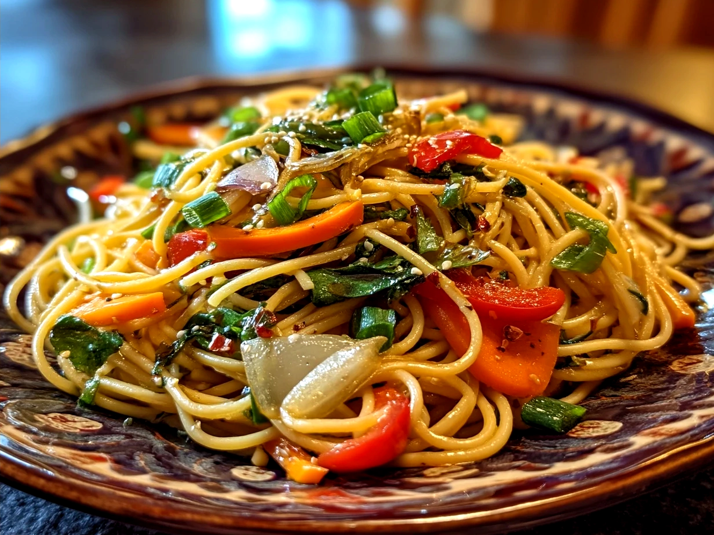 Serving a bowl of vibrant Cold Sesame Noodles topped with sesame seeds and fresh vegetables