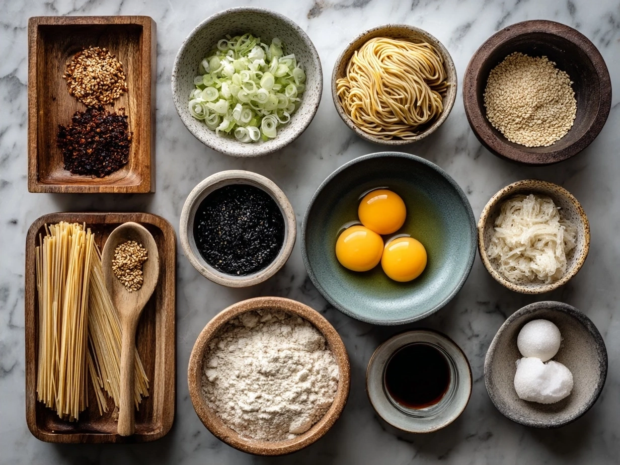 Ingredients for Cold Sesame Noodles recipe including noodles, sesame paste, soy sauce, scallions, garlic, and shredded vegetables