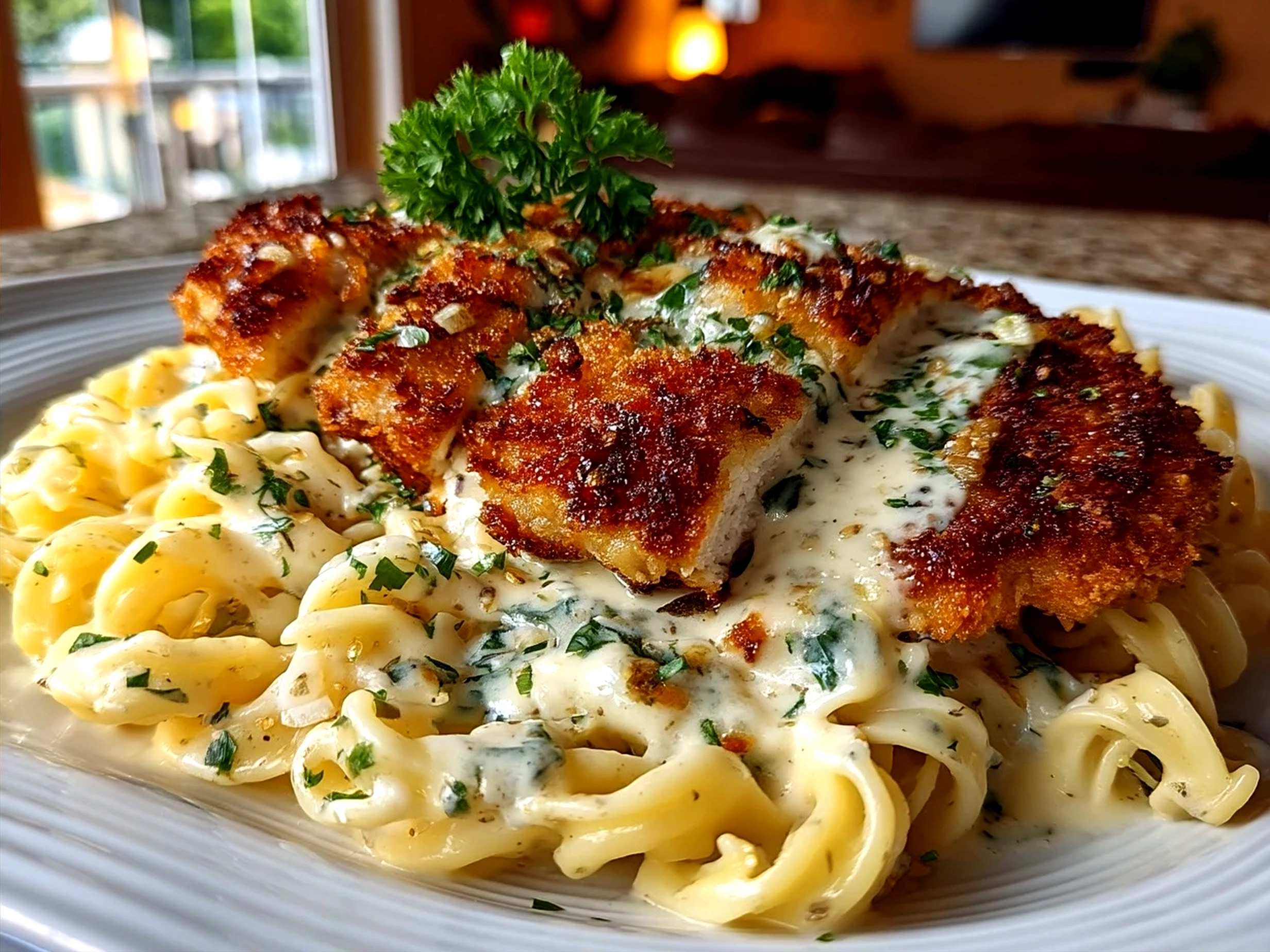 Plated crispy chicken schnitzel Alfredo served with creamy pasta
