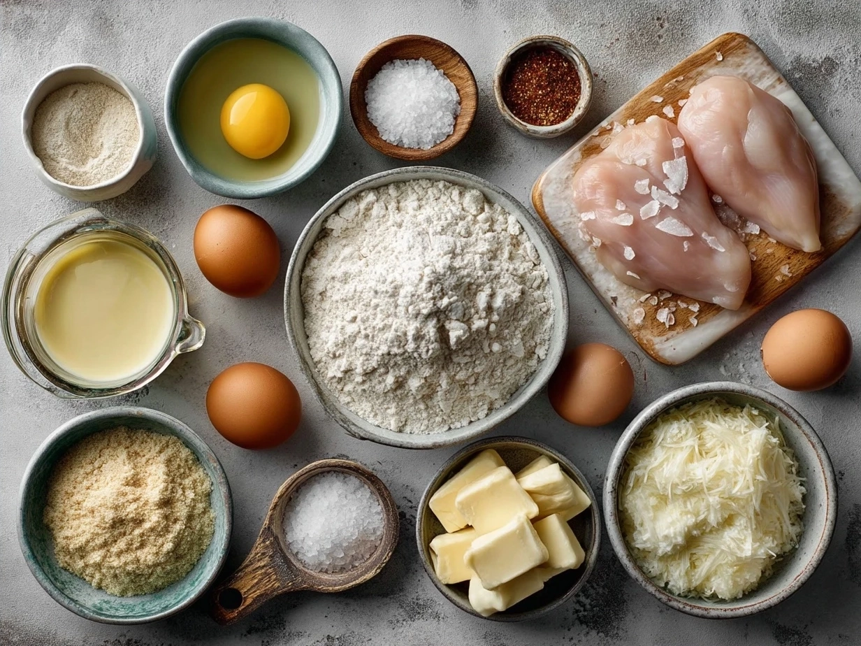 Ingredients for crispy chicken schnitzel Alfredo laid out on a kitchen counter