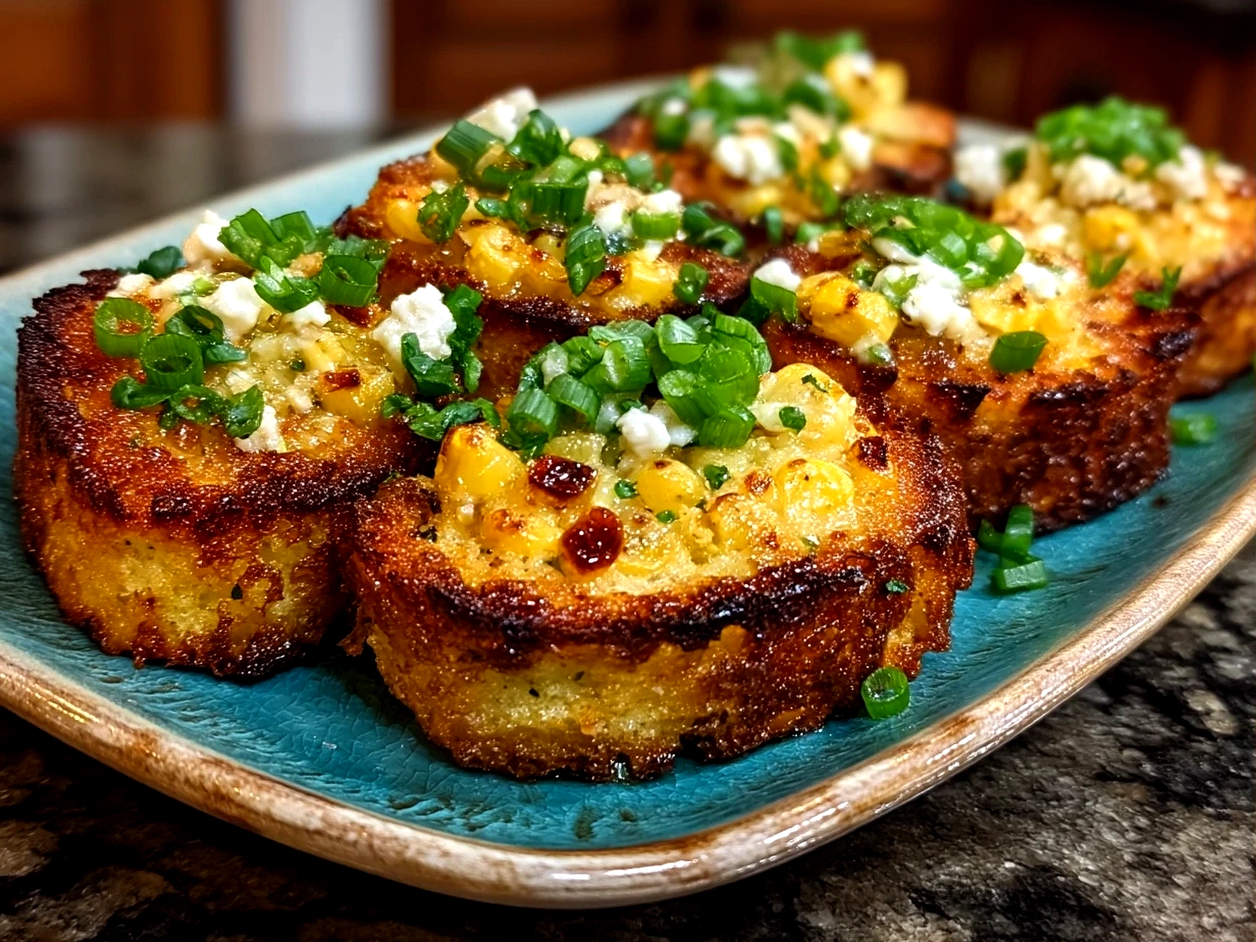 Plated Crispy Corn Toast Bites garnished with fresh herbs and dipping sauces