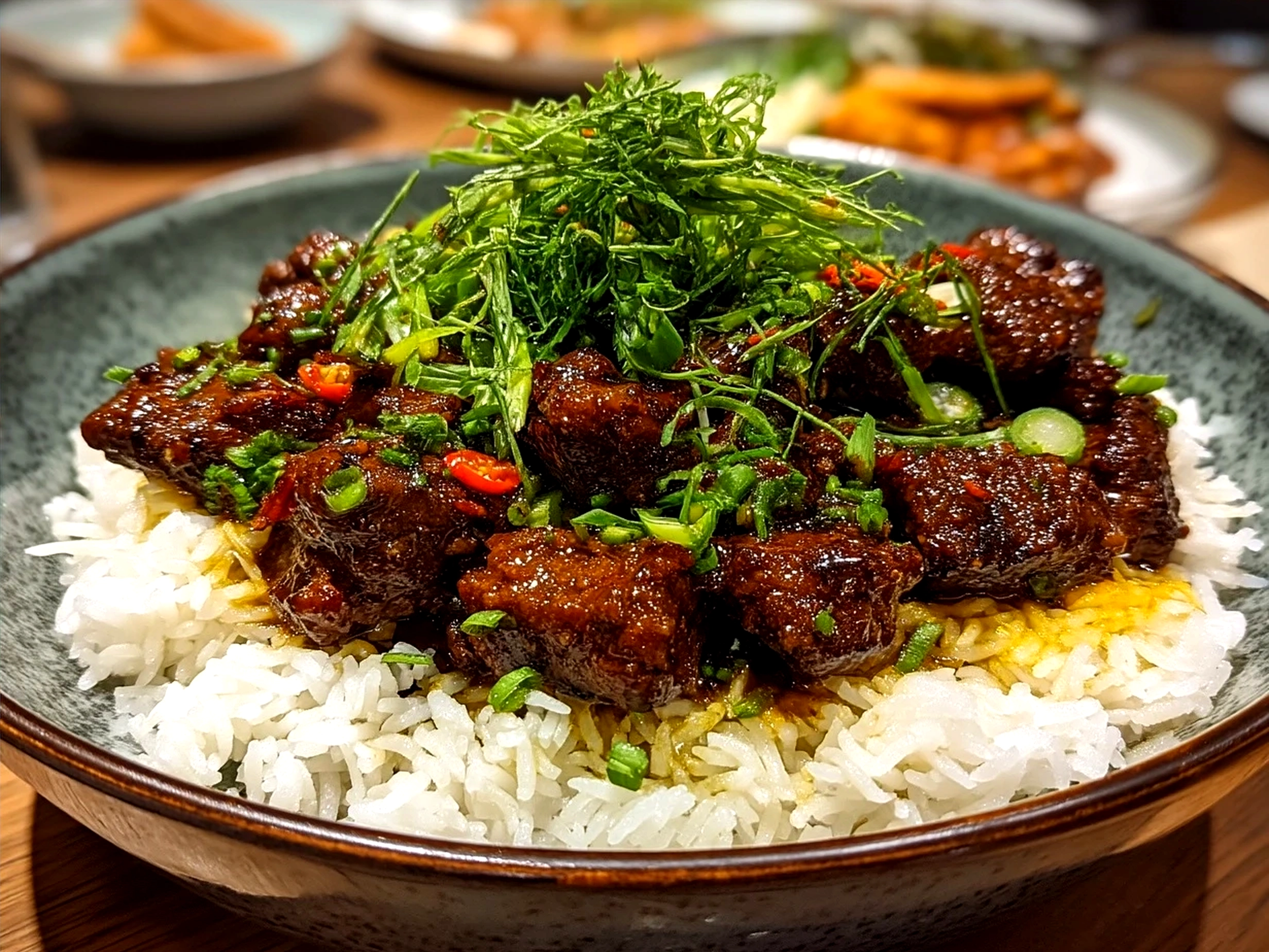 Serving Crispy Peking Beef Bowl topped with green onions and sesame seeds