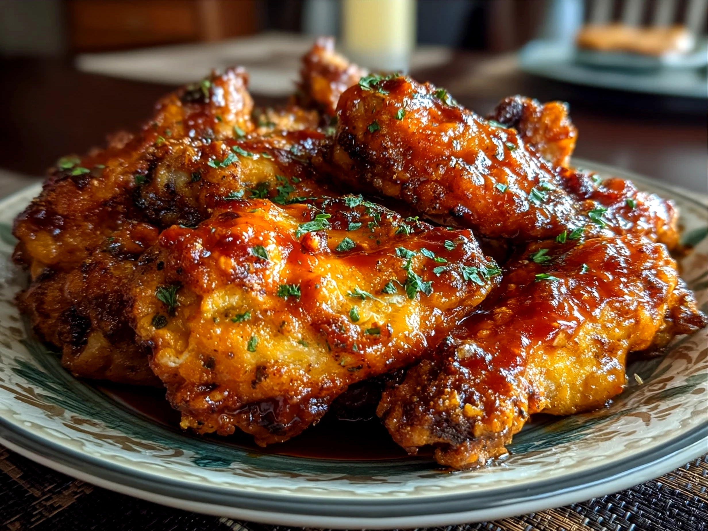 Serving platter of saucy Crockpot Buffalo Wings with celery sticks and dipping sauce