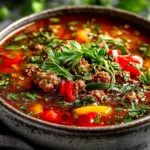 Delicious Stuffed Pepper Soup in a Rustic Bowl